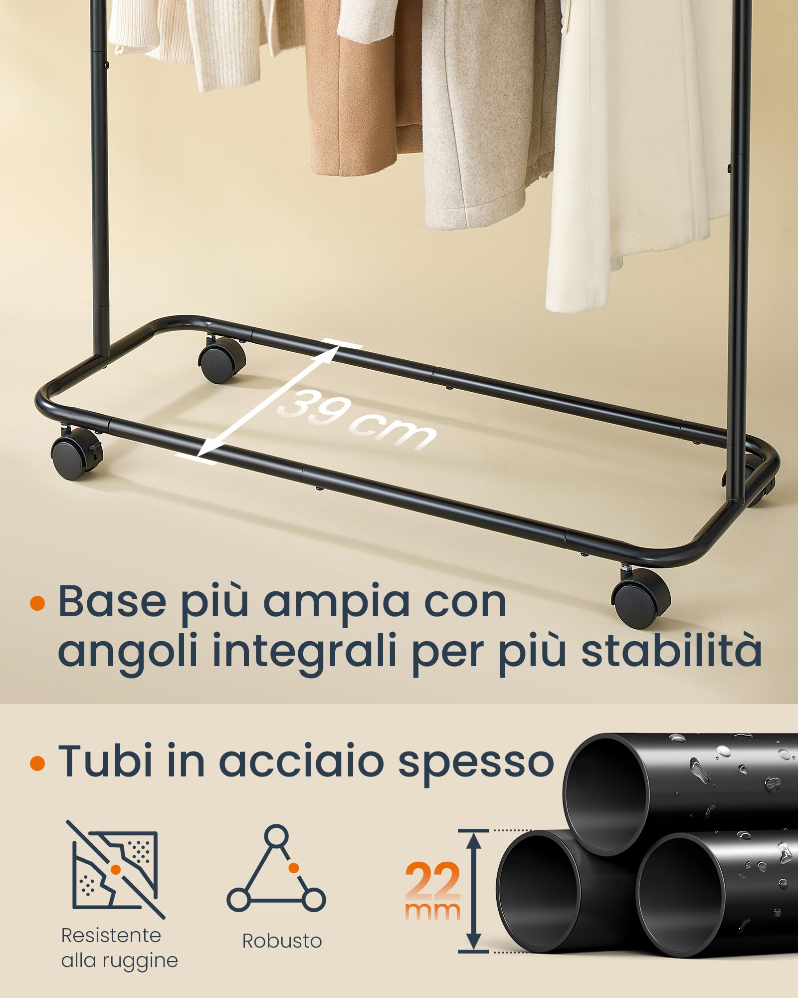 SONGMICS HOME Stand Appendiabiti, Attaccapanni in Metallo con Ruote, 1 Barra Appendiabiti, Ganci a Forma di Fiammifero, Nero Inchiostro HSR170B01