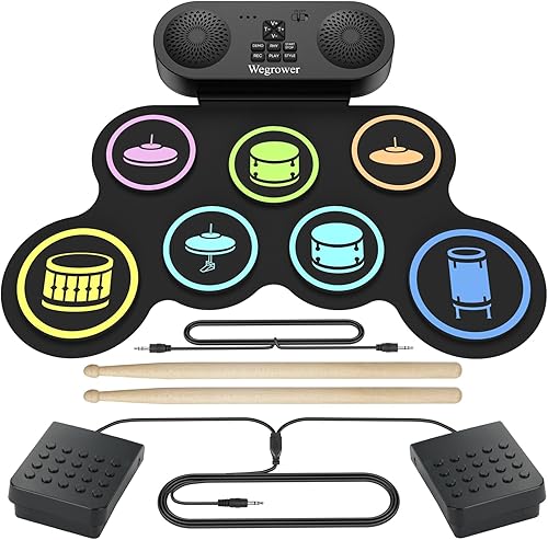 7-Pad Electronic Drum Set for Kids, Portable Electric Drum Kit with Built-in Speaker & Headphone Jack, Kids Drum Set for Beginners Toddlers 3-5 with Pedals & Drumsticks