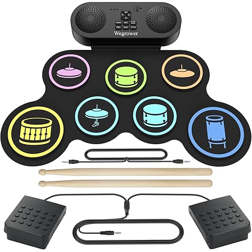 7-Pad Electronic Drum Set for Kids, Portable Electric Drum Kit with Built-in Speaker & Headphone Jack, Kids Drum Set for Beginners Toddlers 3-5 with Pedals & Drumsticks