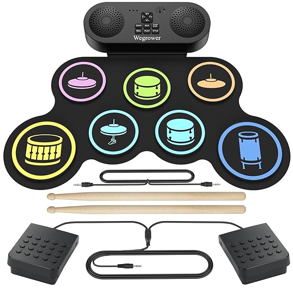 7-Pad Electronic Drum Set for Kids, Portable Electric Drum Kit with Built-in Speaker & Headphone Jack, Kids Drum Set for Beginners Toddlers 3-5 with Pedals & Drumsticks