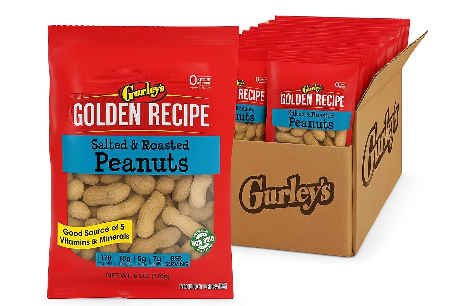 Gurley's Jumbo Salted & Roasted In Shell Peanuts, Non GMO Healthy High Protein Snacks, Salty Peanut Snack Sized Bags, 6 oz Bag Bulk In-Shell Party Peanuts (Pack of 12)