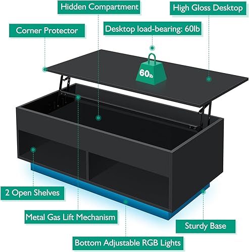Miniatura 67 de HOMMPA Morden - Mesa de centro elevable de 40 pulgadas con almacenamiento, mesa de centro LED de alto brillo, mesa de té moderna de 3 niveles con