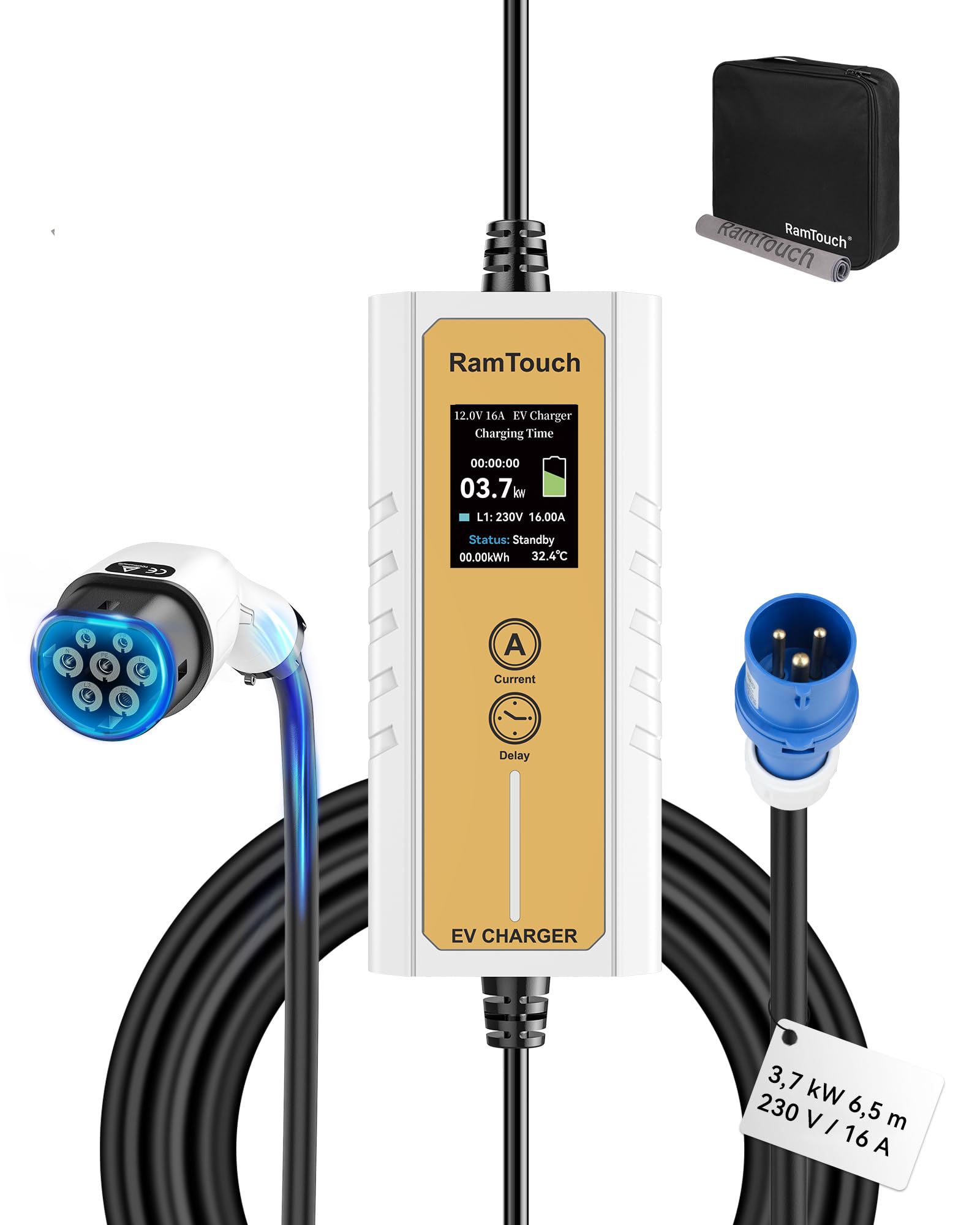Caricabatteria da Auto Elettrico (3,7 KW, 6,5 m, Tipo 2, CEE P17 16A) - Cavo di Ricarica con amperaggio Regolabile 6A-16A, Ricarica ritardata e Programmata, terminale di Ricarica Mobile per