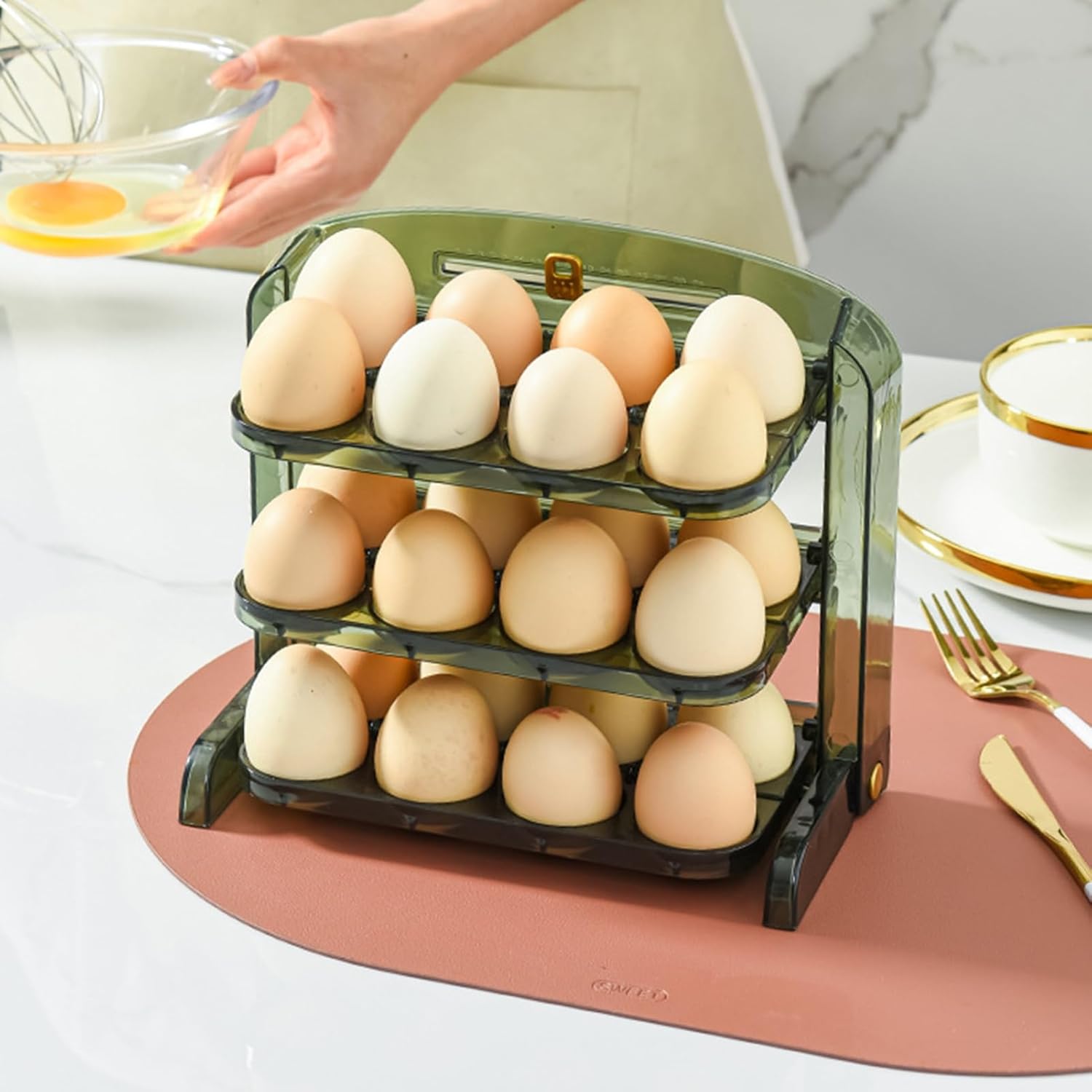 Egg Holder for Fridge Egg Tray Space-Saving 3-Layer Foldable Kitchen 24 Slots Fridge Door Egg Storage Box Daily Use Egg Holder (Green)