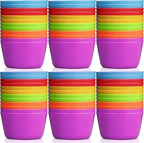 Irenare 48 cuencos pequeños de plástico para niños, 10 onzas, aperitivos de cereales, cuencos coloridos para niños, aptos para microondas,
