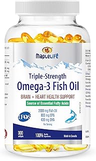 MapleLife - Triple-Strength - Omega-3 Fish Oil - Brain + Heart Health - Essential Fatty Acids - DHA, EPA - Fish Oil Softgel 2000 Mg - 300 softgels