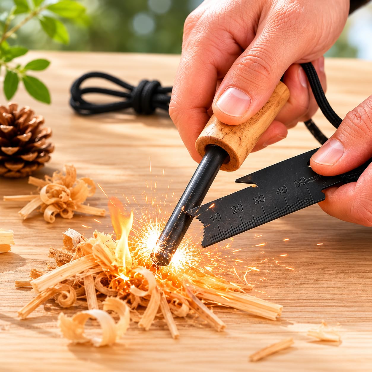 Piedra de Fuego de Magnesio y Pedernal 7 en 1 – Encendedor de Supervivencia con Mango de Madera Maciza, 10.000 Chispas