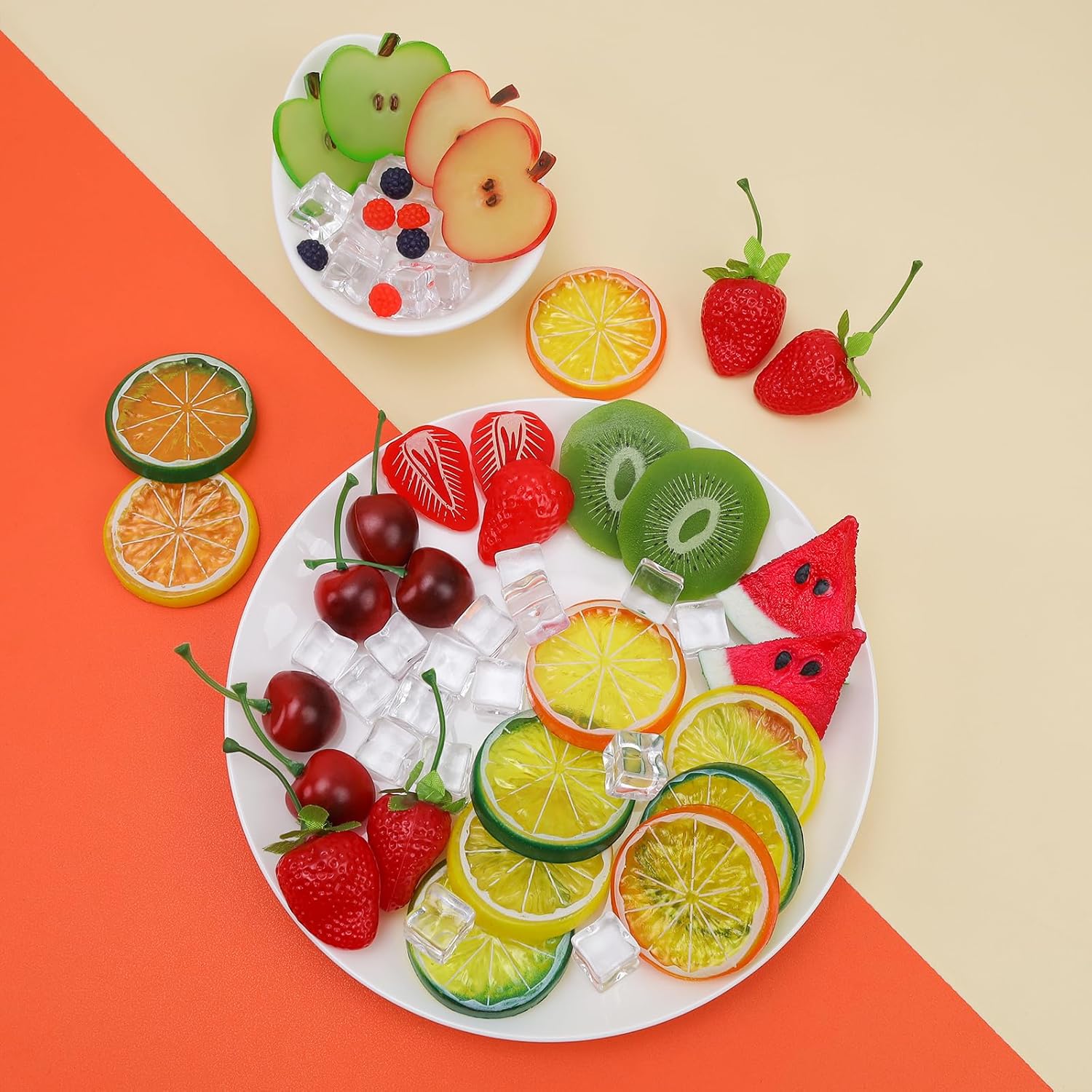 Gresorth 135pcs Fake Mix Fruit Decoration Artificial Strawberry Apple Lemon Kiwi Slice Realistic Watermelon Block Lifelike Cherry Raspberry Ice Cube Model