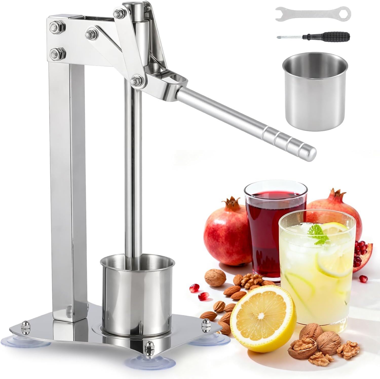 Moongiantgo Manual Lemon Juicer, Stainless Steel Citrus Squeezer, Hand Press Nut Crusher Garlic Crusher, Heavy Duty Fruit Crusher for Lime, Orange, Lemonade Smasher Machine with Cup, Easy to Clean