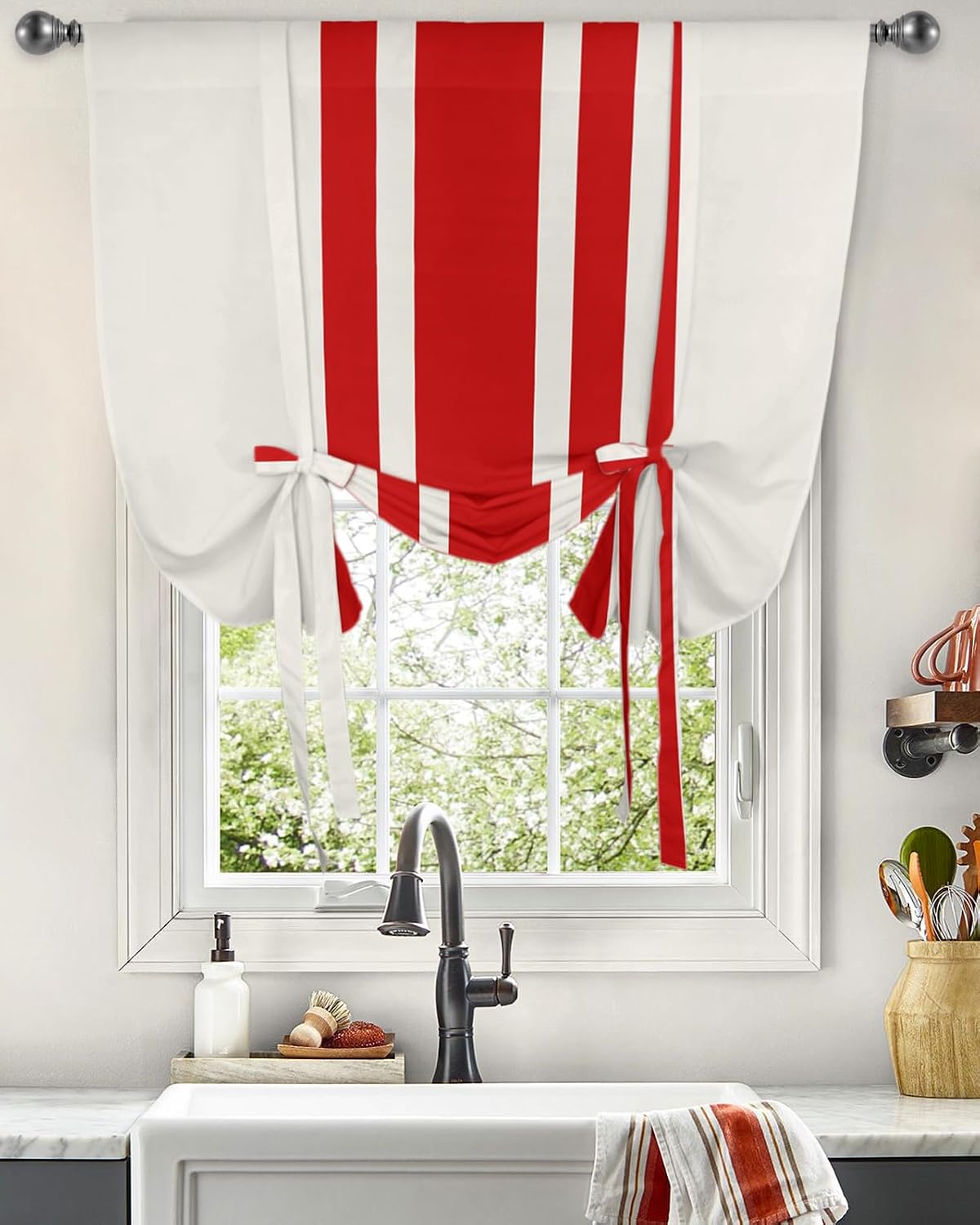 Retro Christmas Red Striped Tie Up Window Shade Curtain Modern Minimalist Art Kitchen Adjustable Balloon Curtains Shades Drape 46x63In for Living Room/Bedroom/Cafe Windows