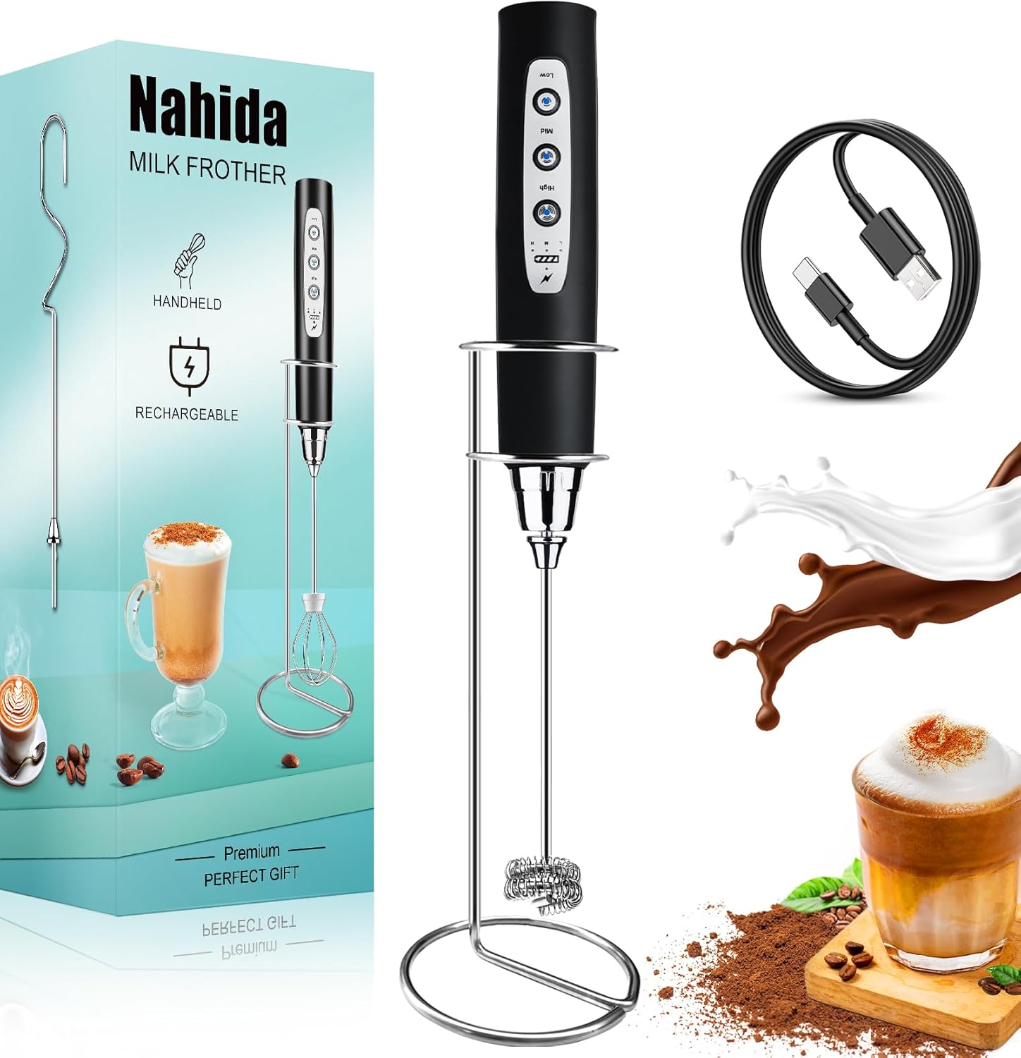Nahida Milk Frother Wand for Espresso Frother Handheld with Stand Drink Mixer with 3 Heads 3 Speeds Electrical Whisk Foam Maker For Latte, Cappuccino, Sizzling Chocolate – Black