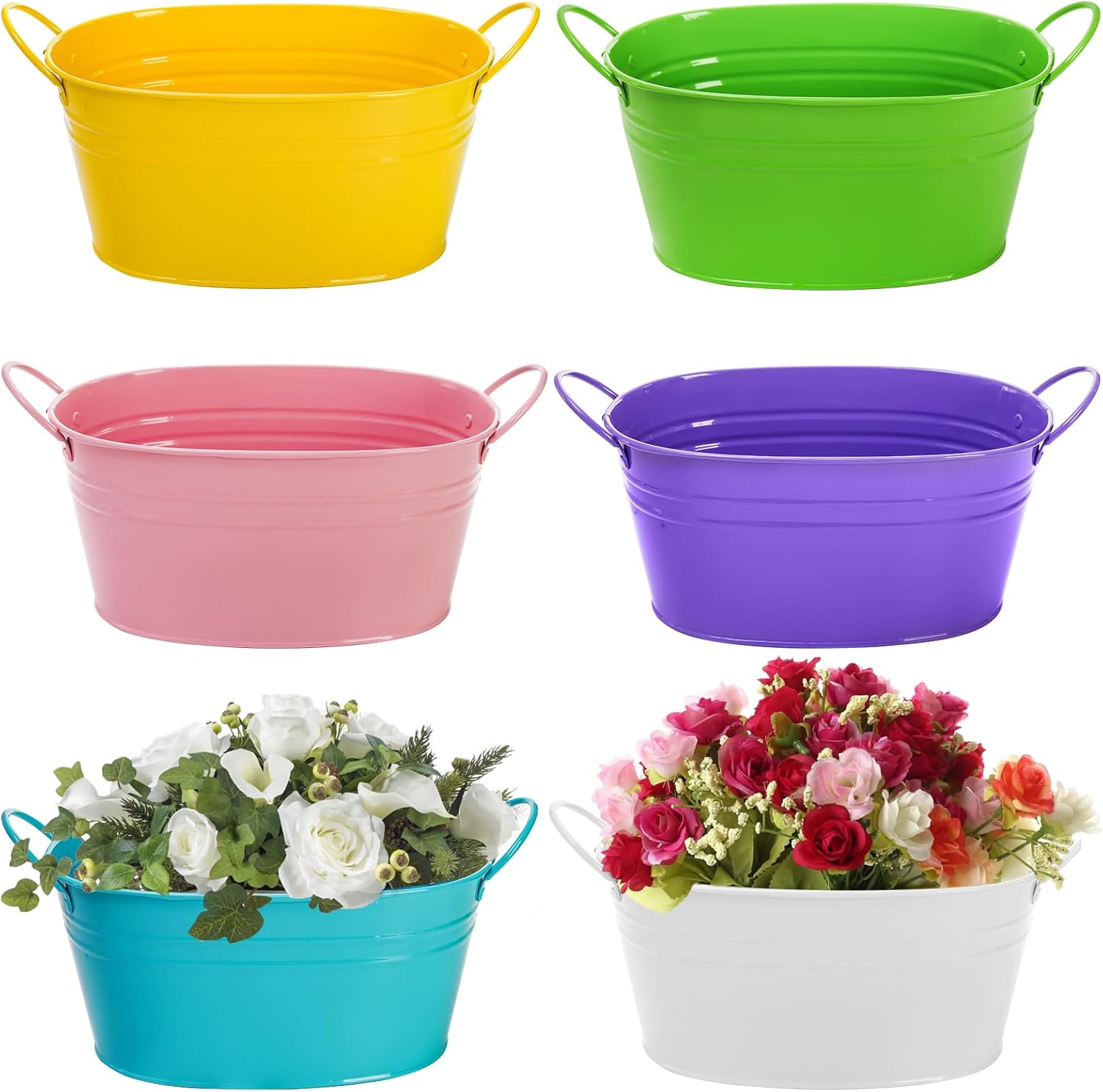 Foraineam Metal Flower Planter Pots Oval Plant Pot Holders with Handles, Floral Arrangement Bucket Tubs, Garden Succulent Cactus Container for Indoor Outdoor Wedding Party Events Decor, 6 Colors