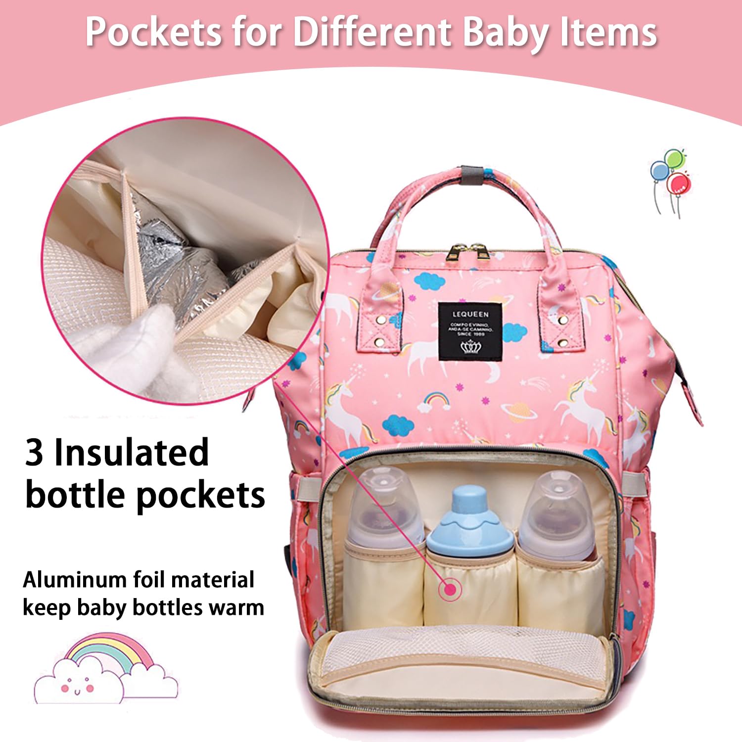 Borsa per pannolini zaino per mamma papà, borsa per cambio maternità, zaino per pannolini con cinghie per passeggino, Unicorno-rosa, 15.7" x 11.8" x 7.8", Classico