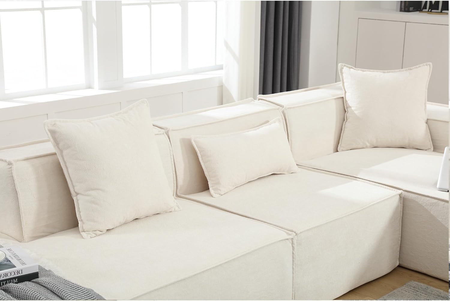JUSTONE 129.5" L Shaped Minimalist Tofu Block Sofa, High Density Sponge Floor Sofa with Chaise Lounge, Cloud Couch, Beige - Right Facing
