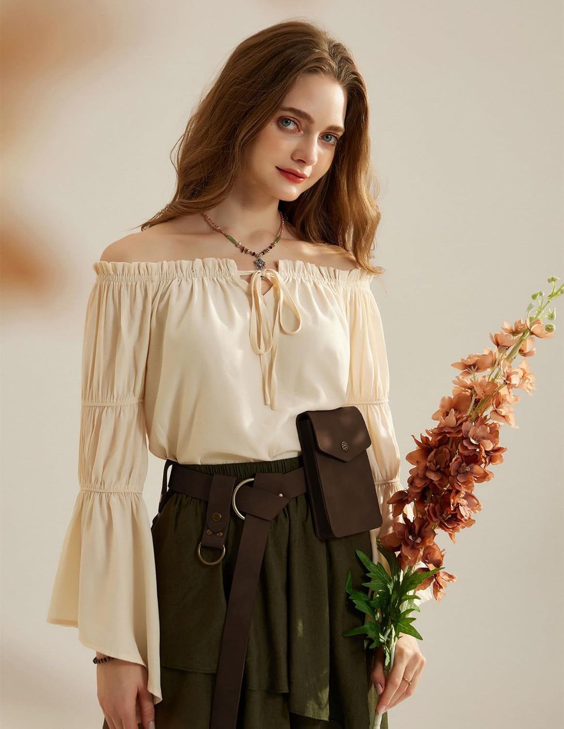Scarlet Darkness Women Renaissance Shirt Off Shoulder Bell Sleeve Ruffle Casual Loose Peasant Tops - Image 4
