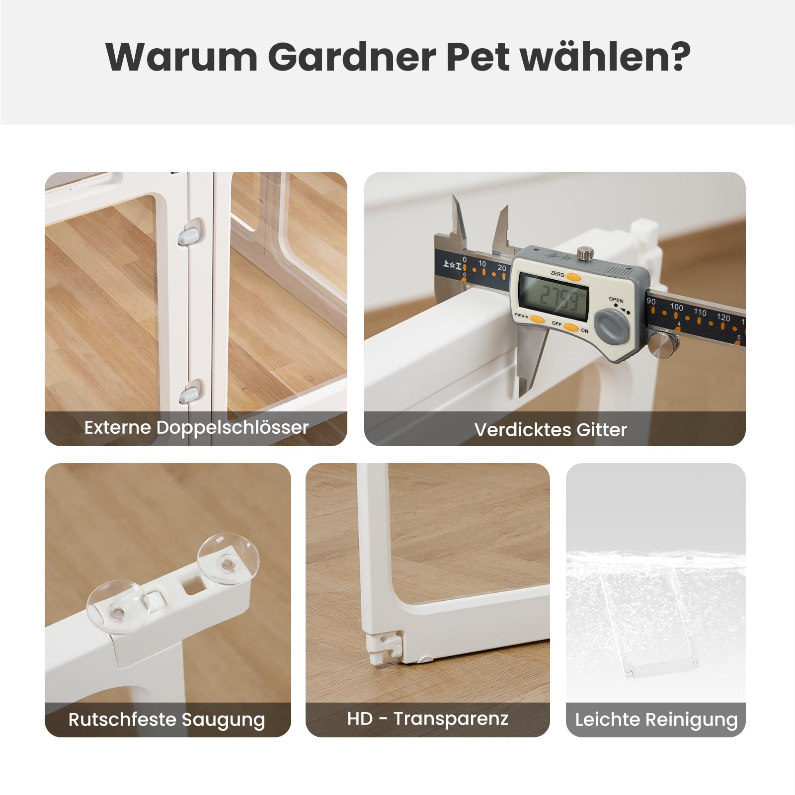 Gardner Pet Acryl Welpenauslauf, 60 cm, 14 PCS +2, Weiß | Mit Tür, Faltbar, Transparent, Mit Saugnäpfen, Für Welpen, Kaninchen, Katzen, Schweine