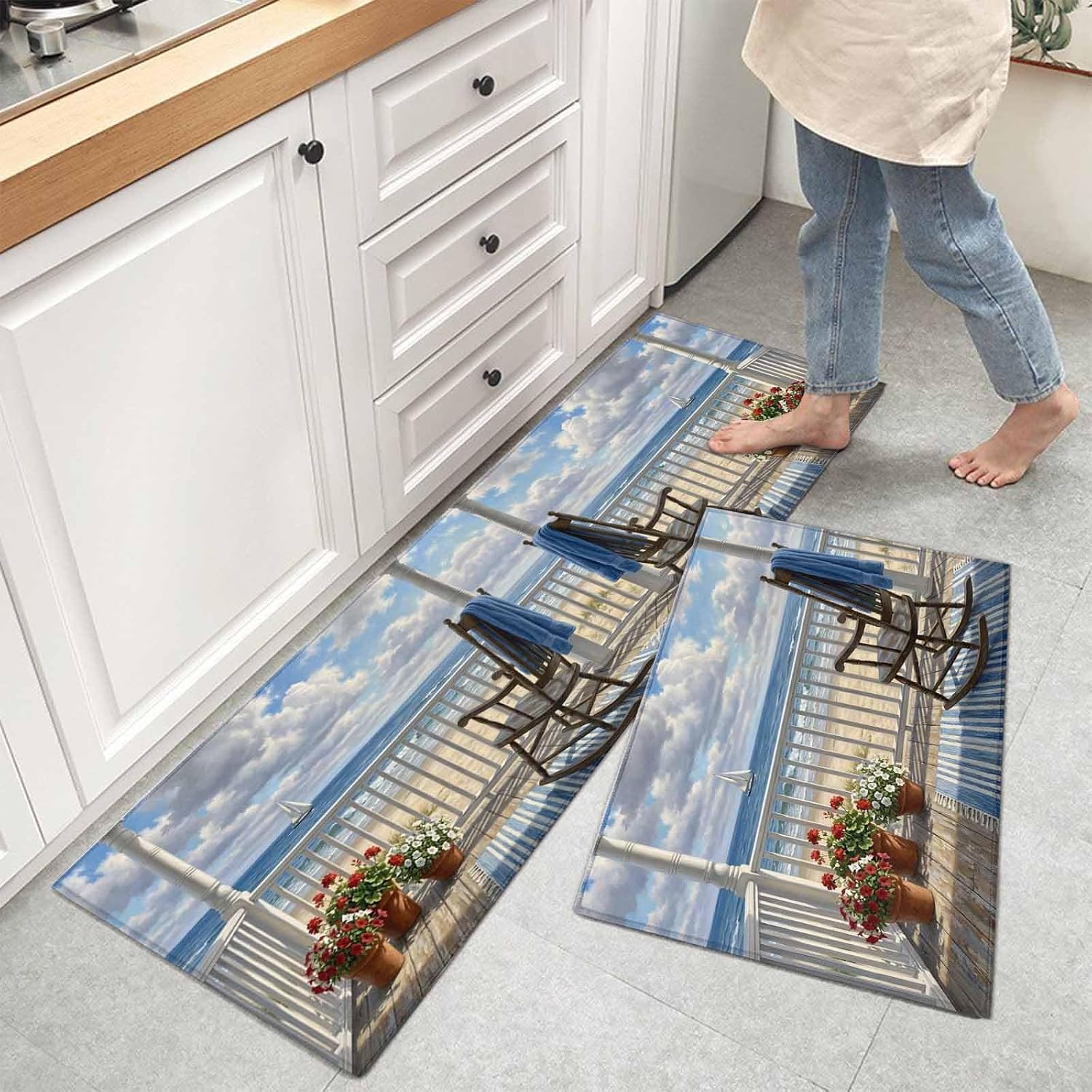 Kitchen Mats for Floor Beach Balcony Blue Ocean Sailing Boat Washable Non Slip Kitchen Rugs 2PCS, Classic Wooden Absorbent Standing Mats for Sink Bathroom Office Living Room 15.7x23.6in+15.7x47.2in