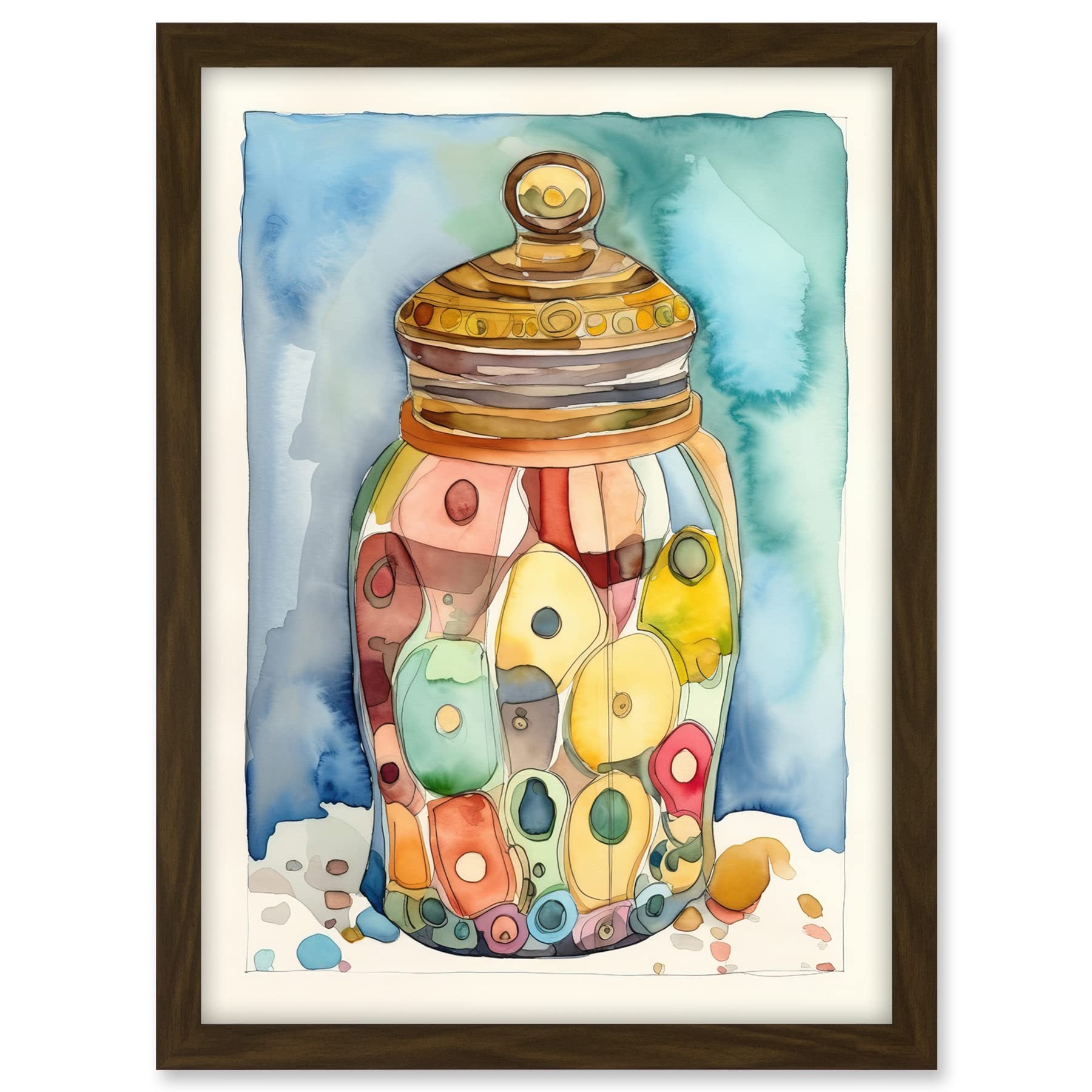 Artery8 Glass Cookie Jar With Sweets Folk Art Watercolour Painting Artwork Framed A3 Wall Art Print