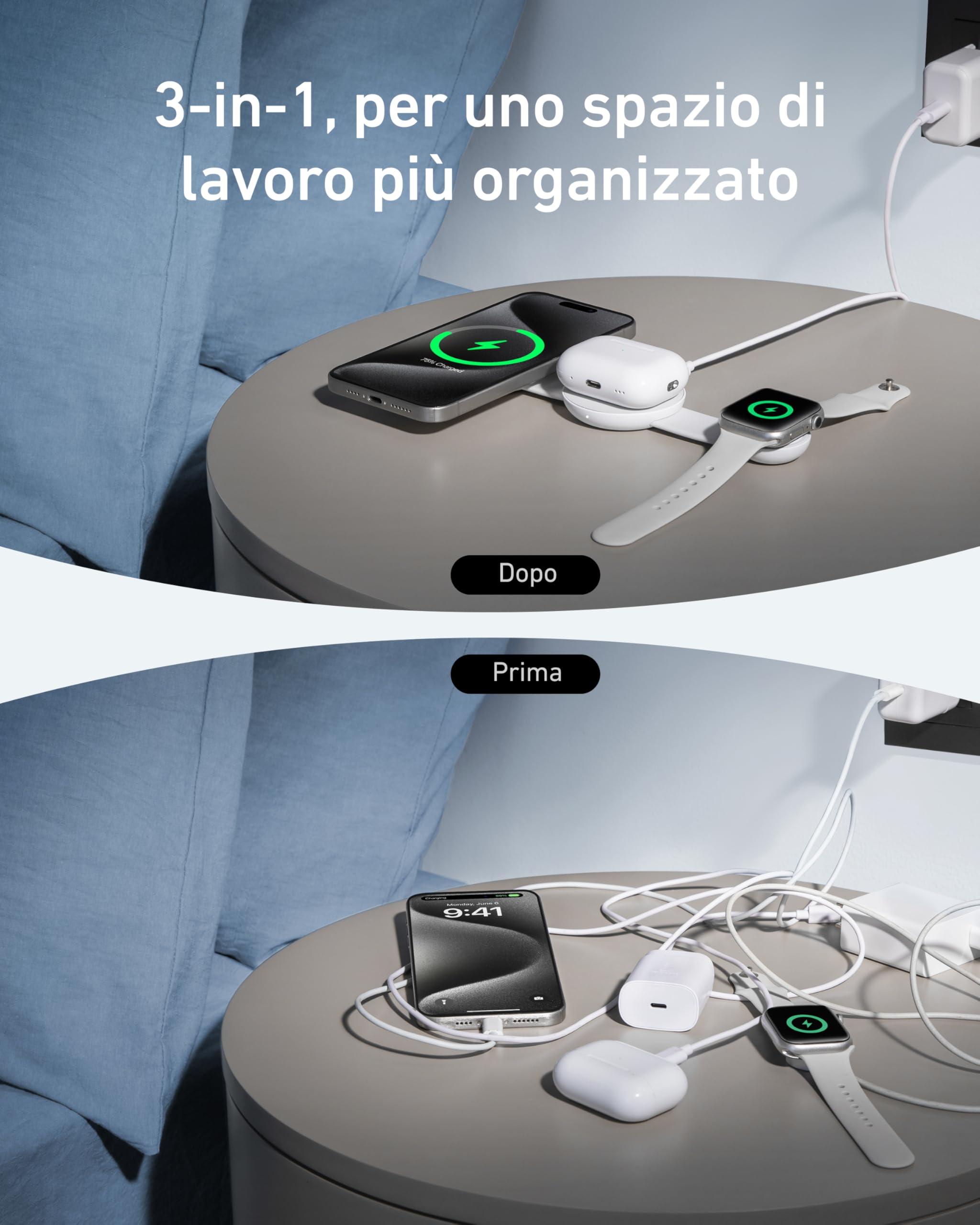 Stazione di ricarica wireless 3-in-1 Anker MagGo 15W, compatibile con MagSafe, certificato Qi2, pieghevole e portatile per iPhone 16/15/14/13, AirPods, Apple Watch e altro (caricatore USB-C incluso)