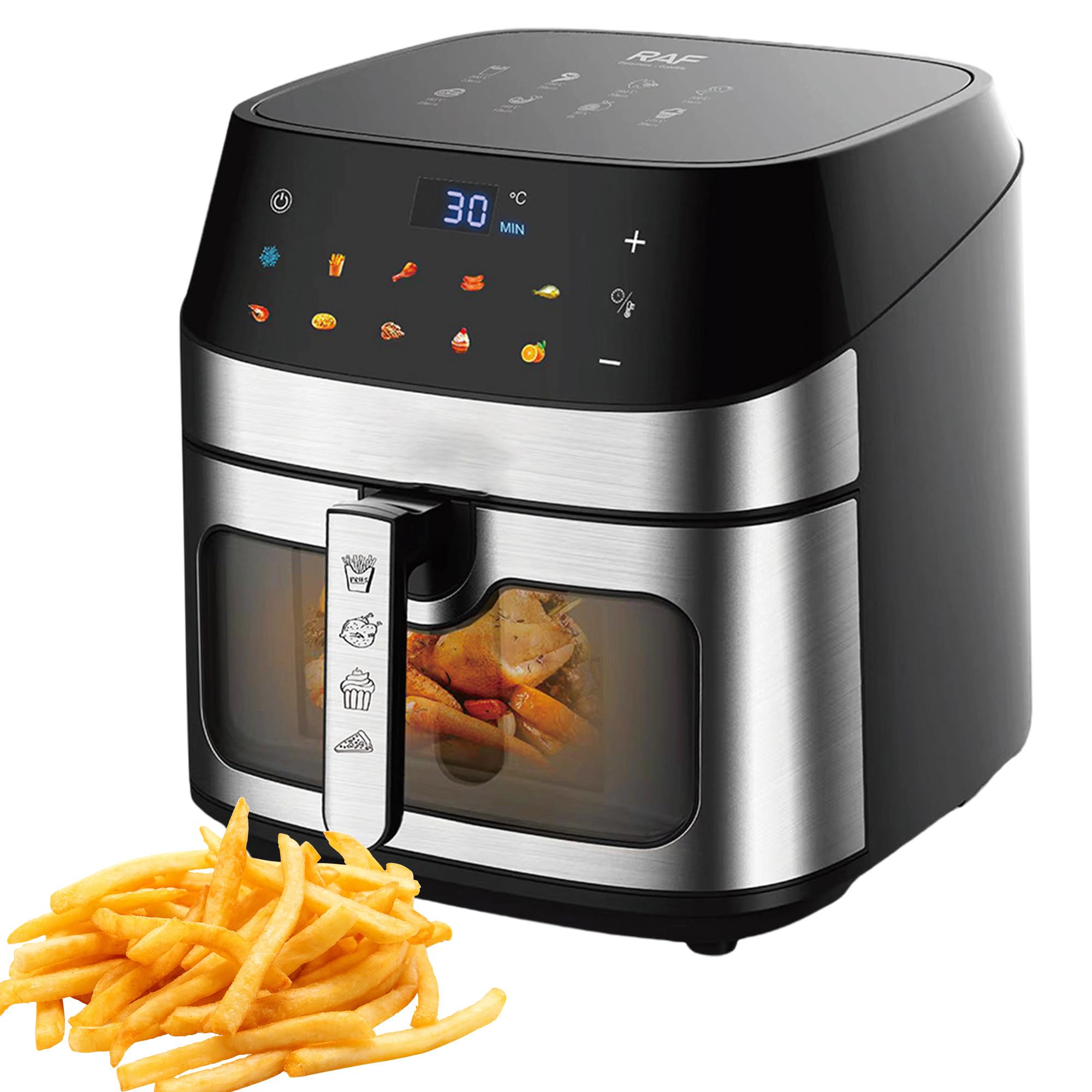 1700W Frytkownica beztłuszczowa duża,Frytkownica powietrzna mała,6,5 L,Ekran dotyk. + Okno obserw.,Frytkownica łatwa w czyszczeniu,10 w 1 - Smaż./Piec./Tost./Grill./Odgrzew. bez oleju For3-5