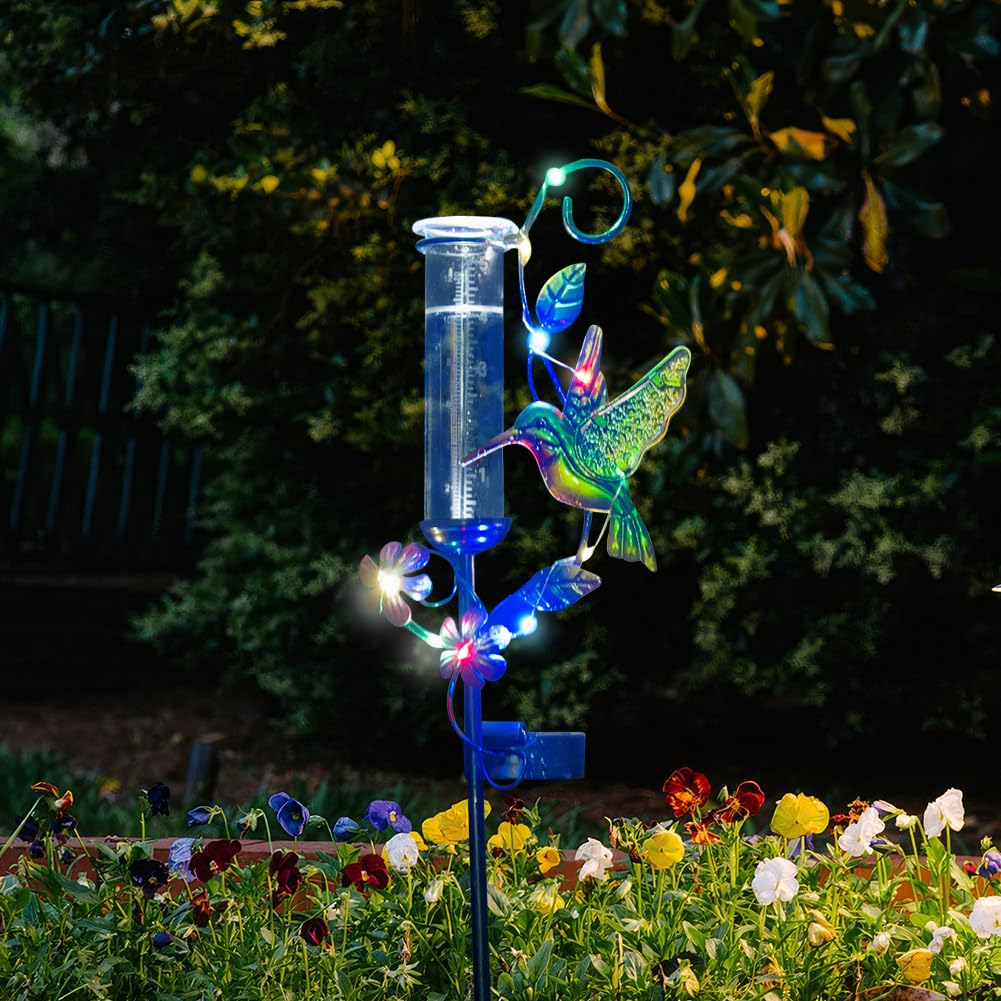 Pluviomètre avec tube en verre de 12,7 cm, jauge de pluie solaire avec lumières LED pour terrasse, jardin, cour, mesure des précipitations
