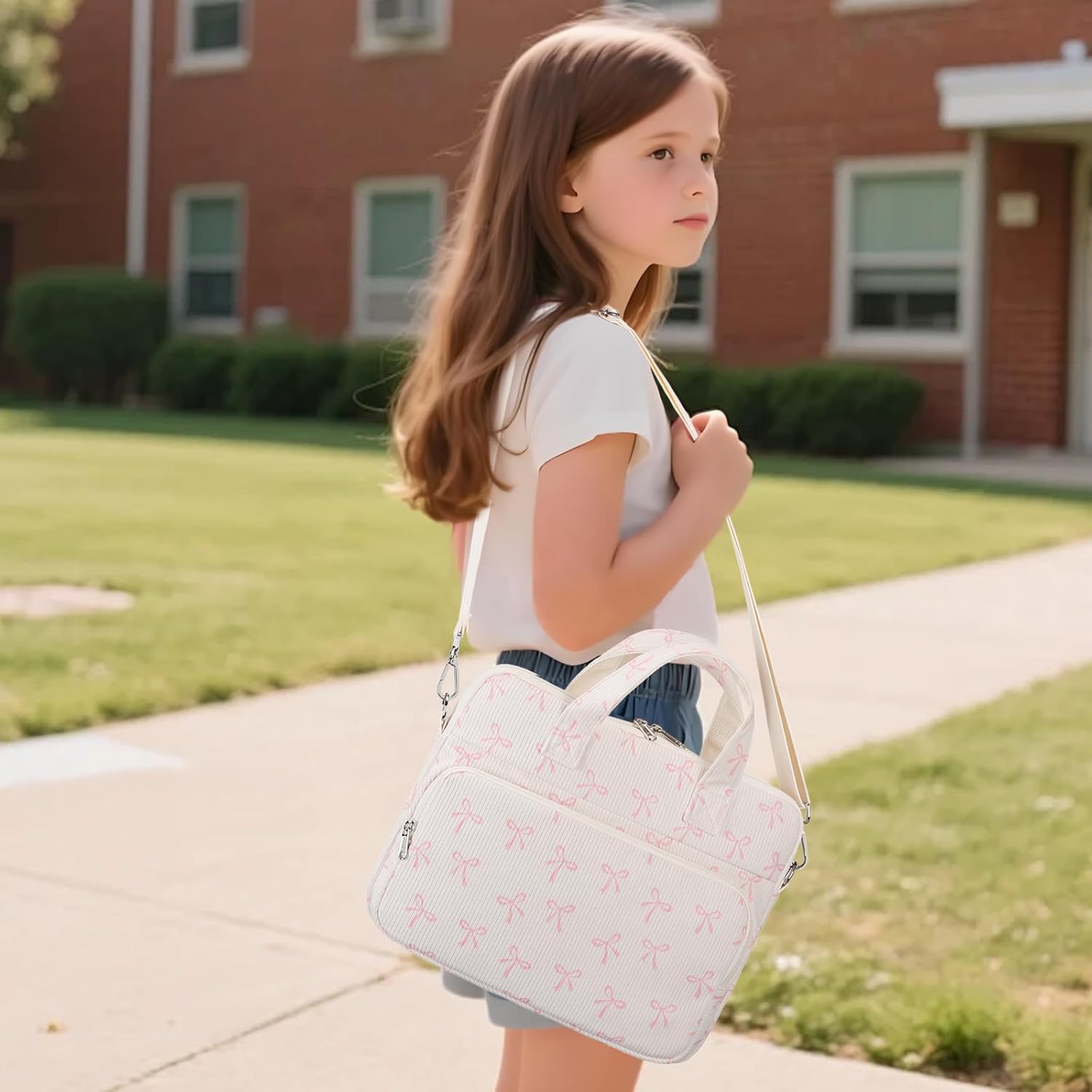 Octsky Tablet Bag Kids Tablet Carrying Bag with Shoulder Strap, Soft Lining, Bowknot Beige - Image 2