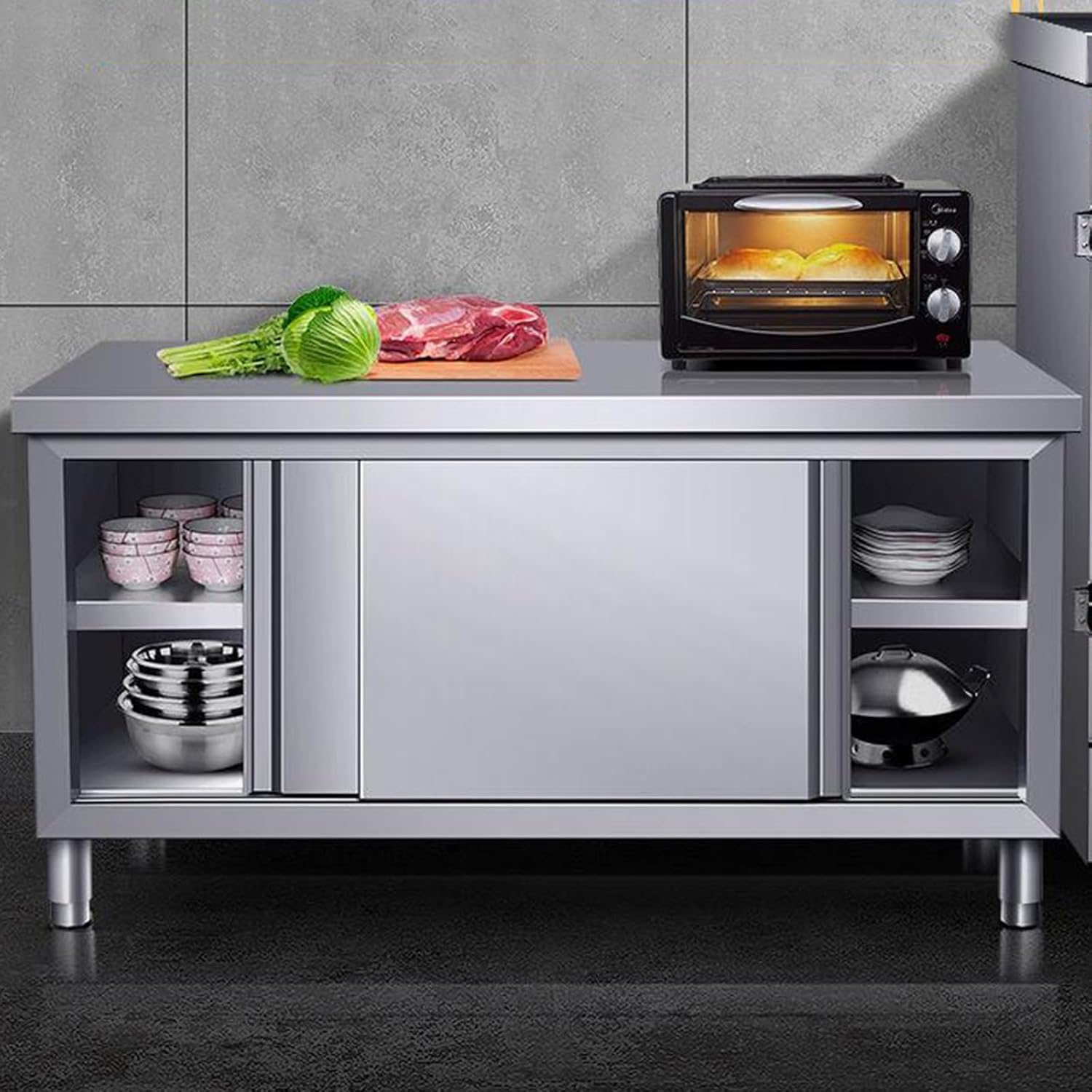 Thickened Stainless Steel Workbench Commercial Kitchen Preparation Table Household Metal Table Large Space Storage Cabinet Multifunctional Workbench(39.4 * 23.6 * 31.5in)