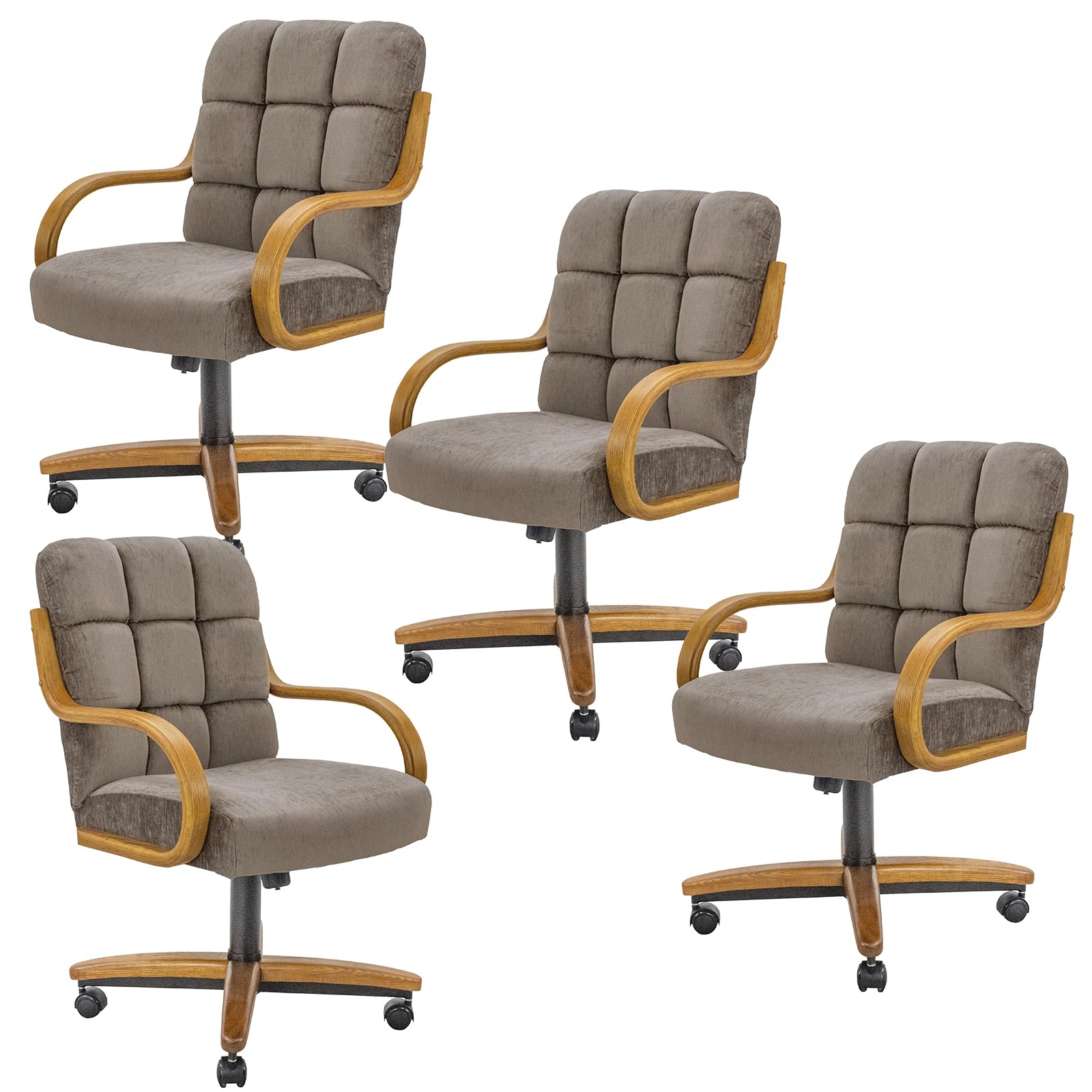 Chromcraft Set of 4 Caster Swivel Tilt Dining Chairs, Ultra Comfort Chairs Casual Wooden Cap with Metal Frame Chairs Rolling Chair on Wheels for