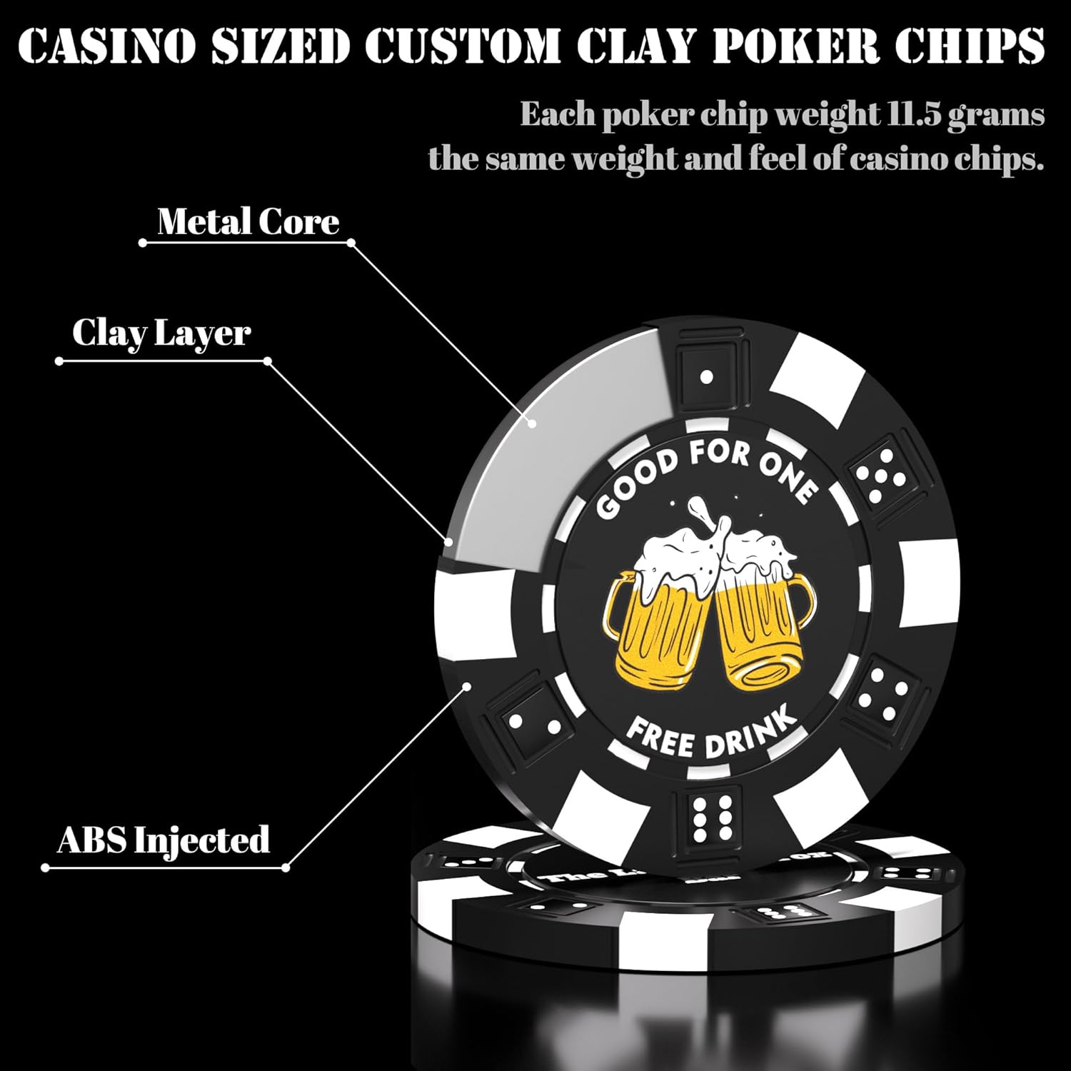50 Custom Clay Poker Chips, Imprinted in Full Color with Your Logo, Image or Text, 40mm Heavy 11.5 Grams Casino Sized Clay Poker Chips with Logo for Bar Drink Tokens, Card Club or Golf Club