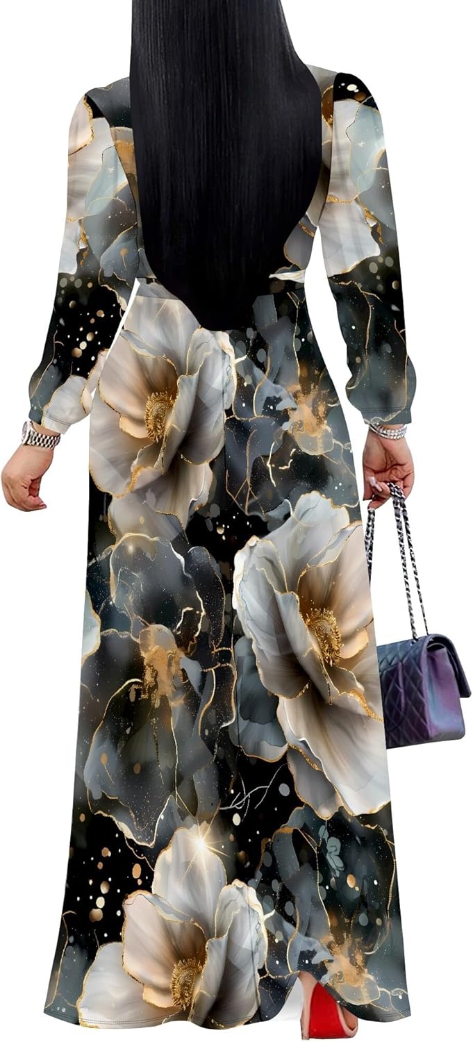SUZONANA Plus Size Maxi Dresses for Curvy Women Floral Print Flowy Long Puff Sleeve with Belt
