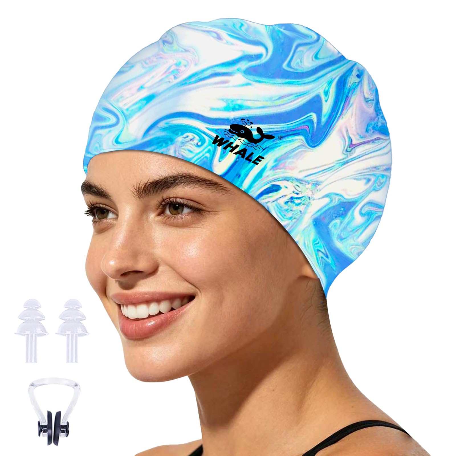 Silicone Swim Cap - Waterproof Non-Slip High Elasticity - Keeps Hair Dry Perfect for Men and Women Large Swimming Cap (Water Pattern White)