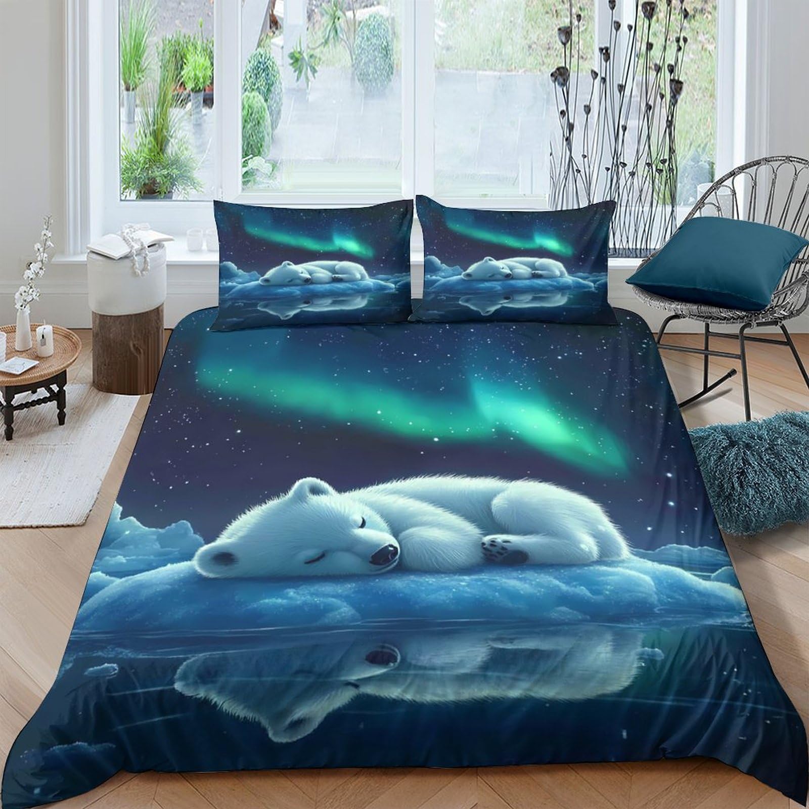 Ctjqhvkz Style-2 3D Printed Polar Bear Aurora Fitted Sheet Microfiber Soft Blue Mattress Cover For Bedroom Dorm Decor Single（135X200cm）