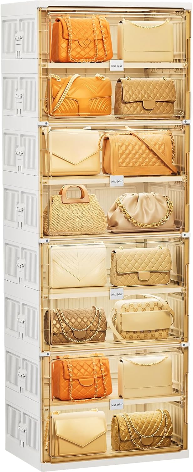 JEKO&JEKO 10-Tier Double Column Foldable Purse and Handbag Storage Cabinet, White Large Organizer with Magnetic Doors