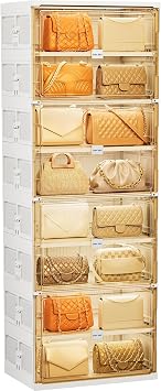 JEKO&JEKO 8-Tier Single Column Foldable Purse and Handbag Storage Cabinet, White Organizer with Magnetic Doors
