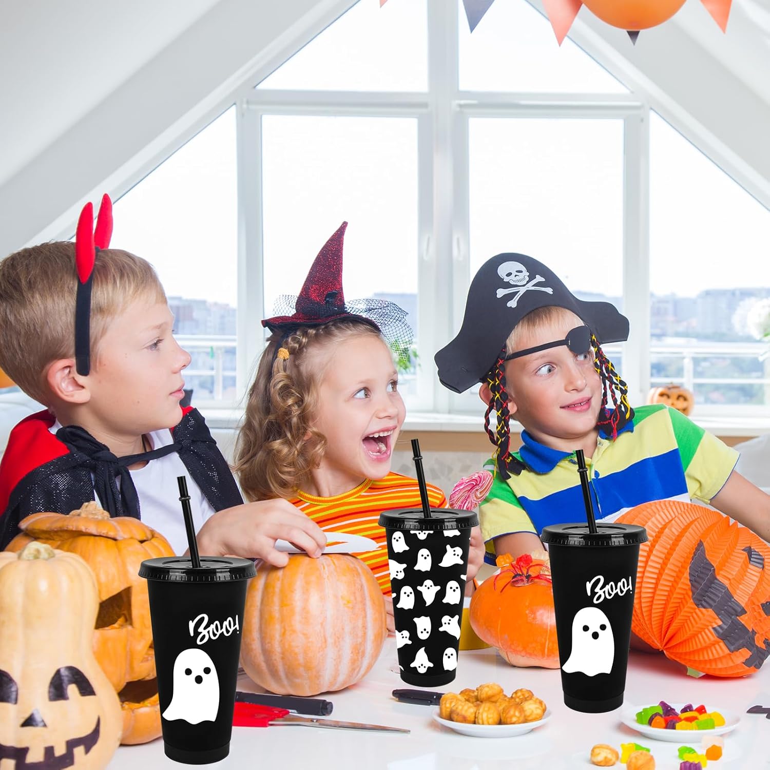 JarThenaAMCS 12 Pcs Halloween Ghost Party Cups with Lids Straws Cute Ghost Boo Plastic Tumblers Black White Reusable Water Bottle for Hot Cold Drinks Birthday Party Baby Shower Table Decor, 24 Oz - Image 6