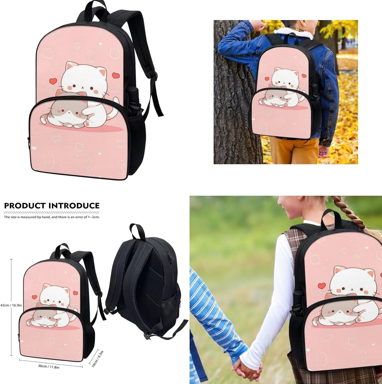 Kawaii Cat Backpack for Girls with Lunch Box Pencil Purse for School Boys Bookbag Kids School Backpacks Children School Backpack Elementary Kindergarten Preschool Bookbag Travel Rucksack