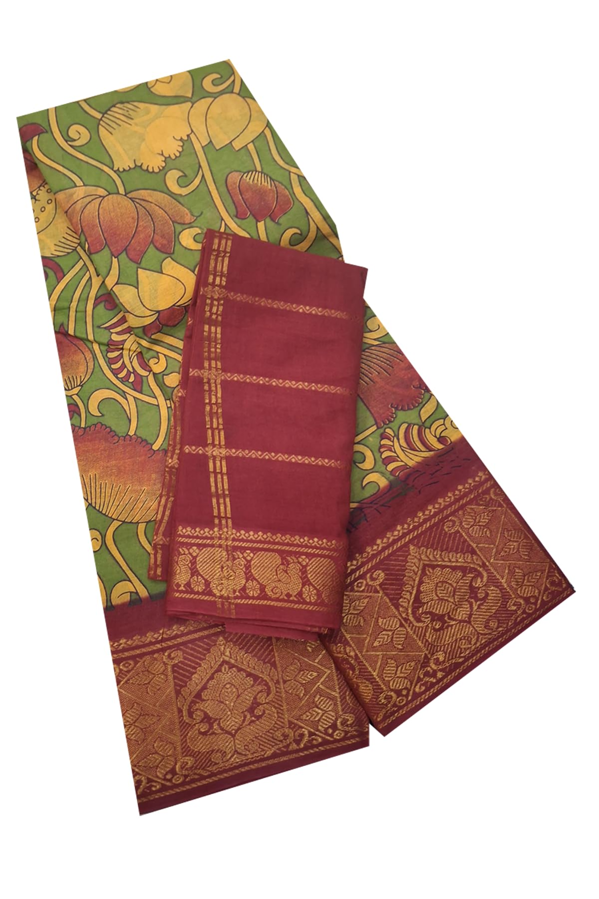 Madurai Sungudi Cotton - 6 Yard Hand Block Printed Hand Weaving Medium Size Gold Zari Border (Seprate Matching Blouse) Lotus Design Contrast Color Sarees-image-21