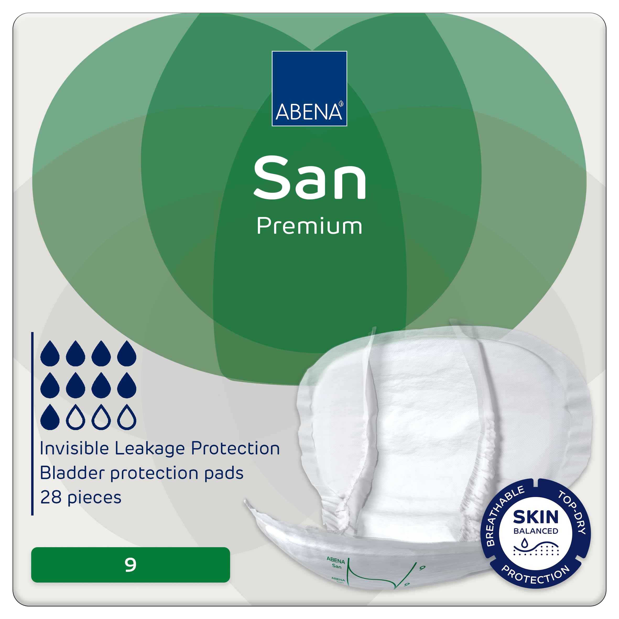 ABENA San Premium Mens & Womens Incontinence Pads, Breathable & Comfortable, Fast Absorption, Discreet & Effective Shaped - Premium 9, 2400ml Absorbency, 28PK