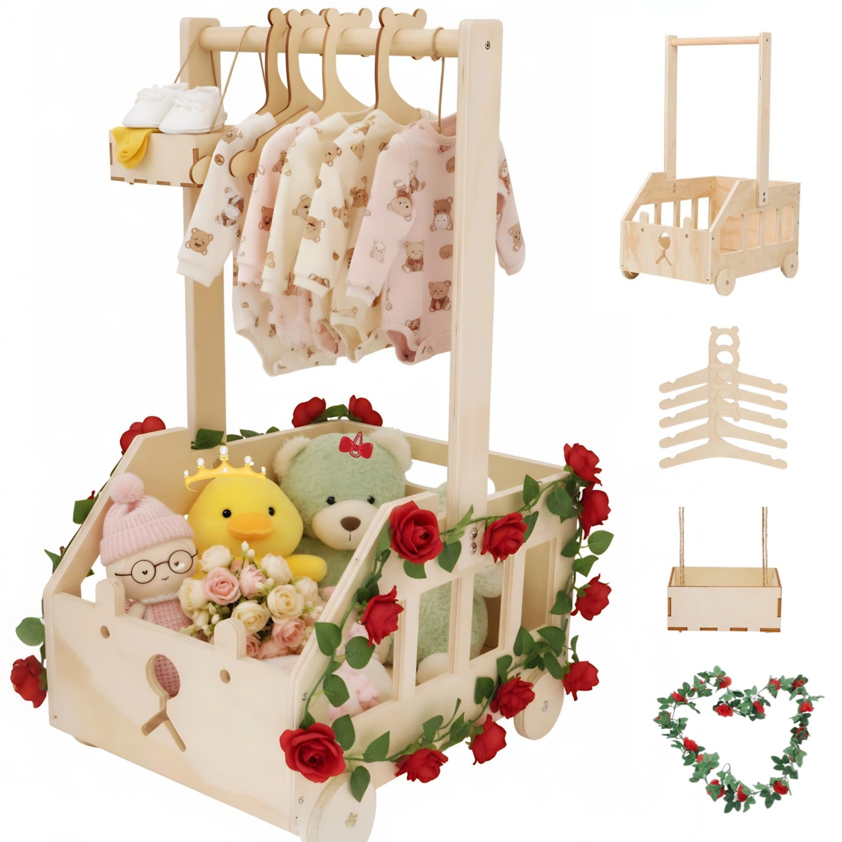 Gueiddi Baby Korb Geschenk, Babyparty Geschenk Baby korb mit Griff, Kinder Kleiderbügel, Girlande und kleine Schublade für Neugeborene Babyparty Neue Eltern (Rote Rosen-Holzkiste)