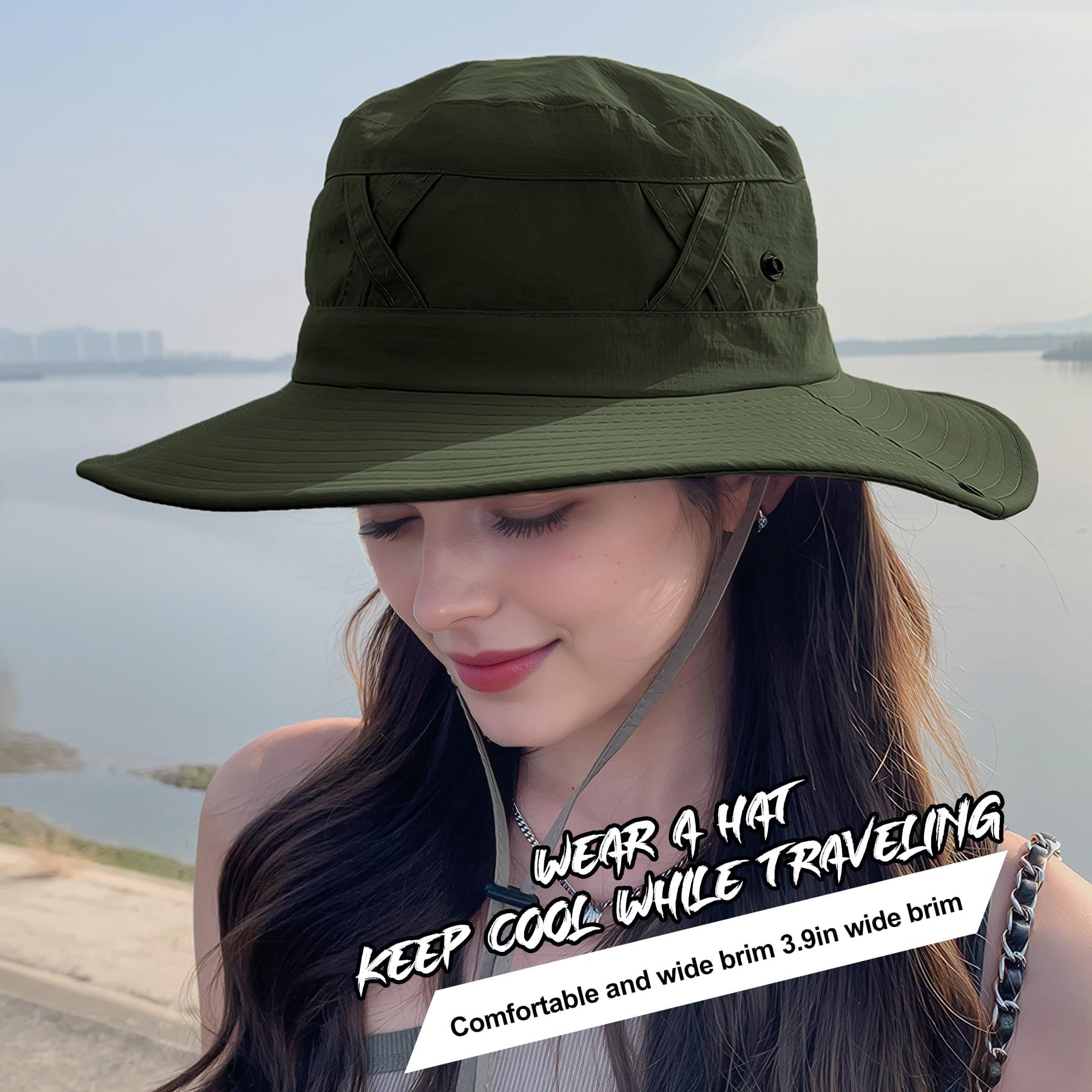 Feng Shui， Outdoor-Eimerhut für Damen – atmungsaktiver Sonnenhut mit breiter Krempe und UV-Schutz, verstellbarem Riemen und Kreuzband-Design