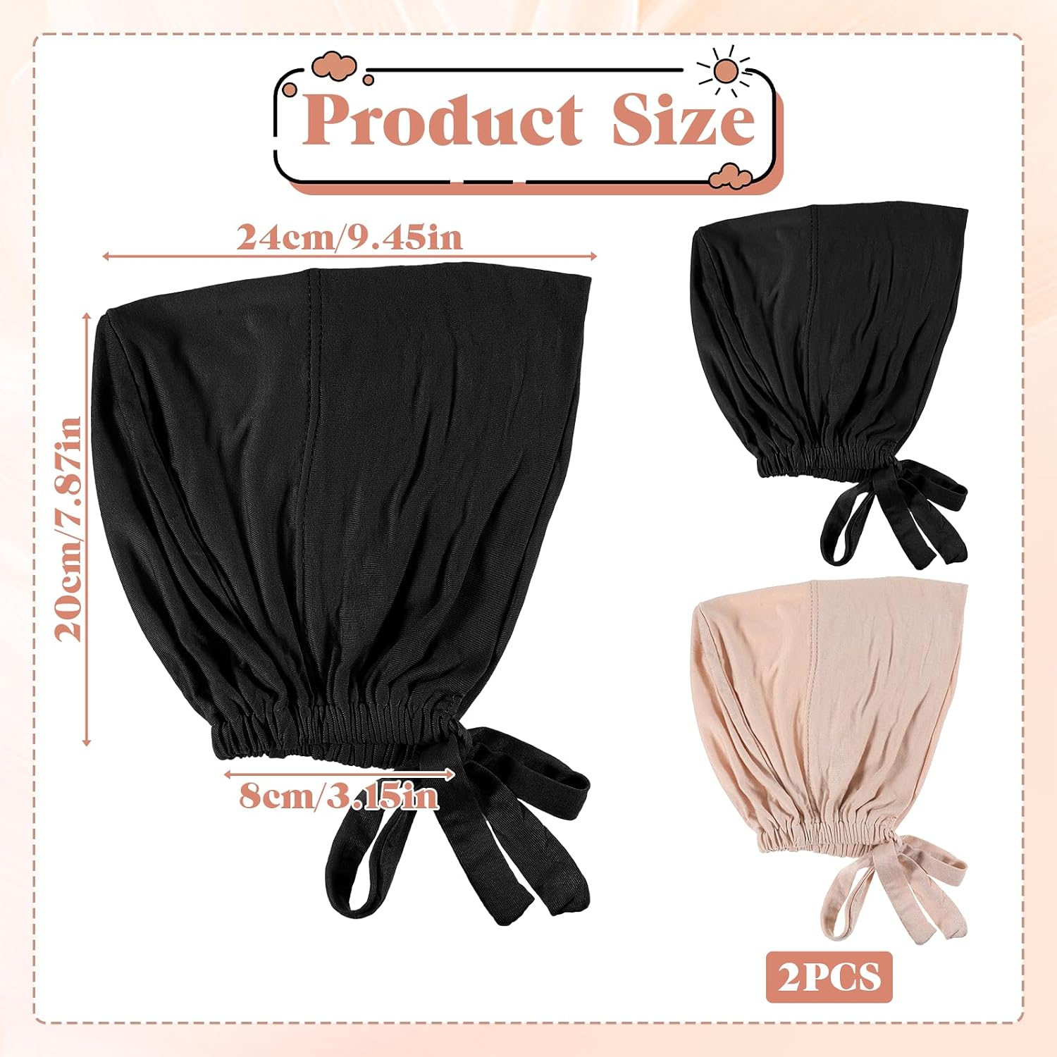 2 Pcs Women Hijab Undercap, Hijab undercap Cap undercaps for no Slip caps with Tie Adjustable Women Under Scarf Hat (Black + Beige)