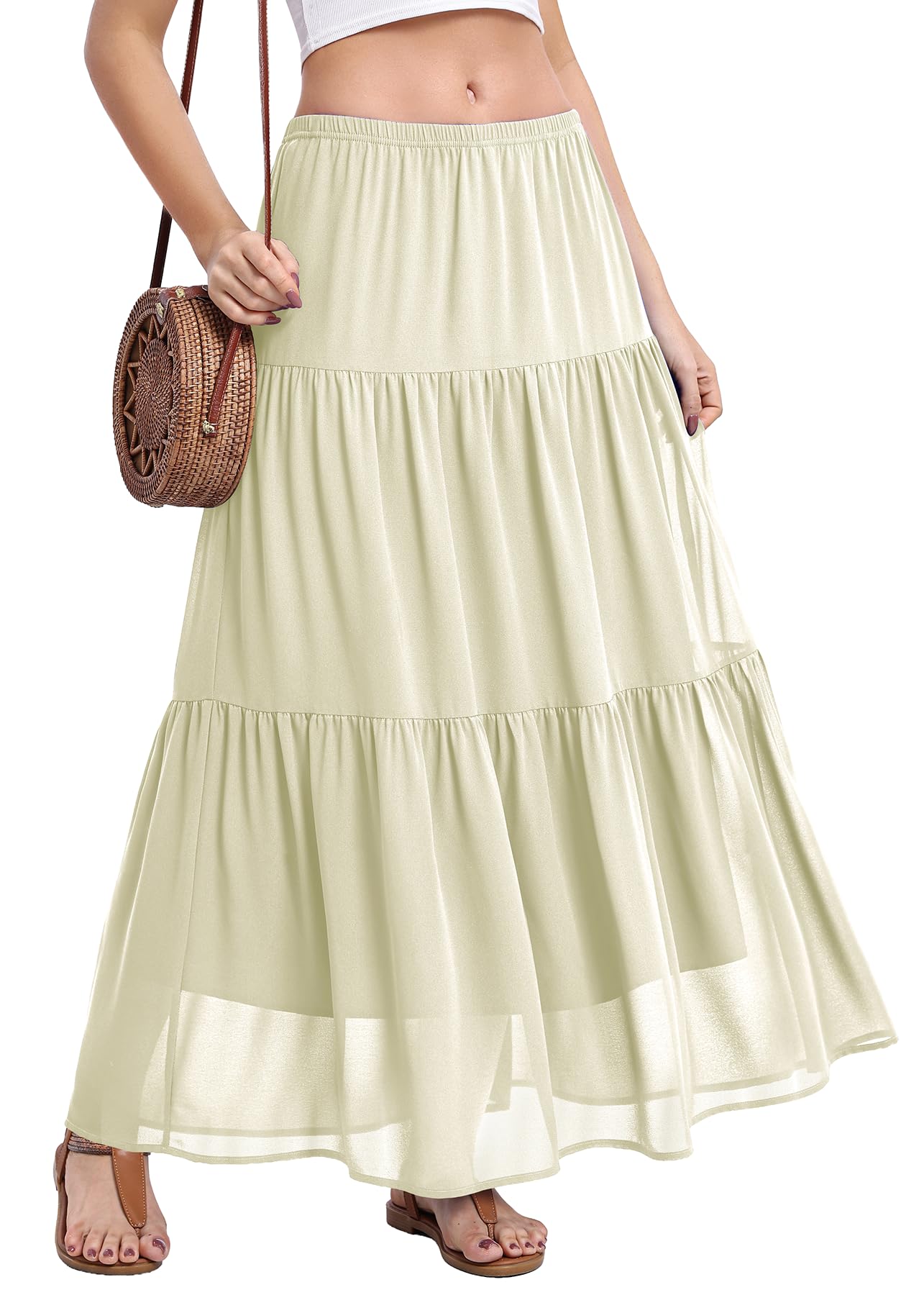 BEIGAI Rock Damen Sommer Elegant Hohe Taille Maxirock Lang Freizeitrock | Leicht Fließend A-Line Sommerrock, Elastischer Bund, Bohemien, Casual, für Alltag und Urlaub