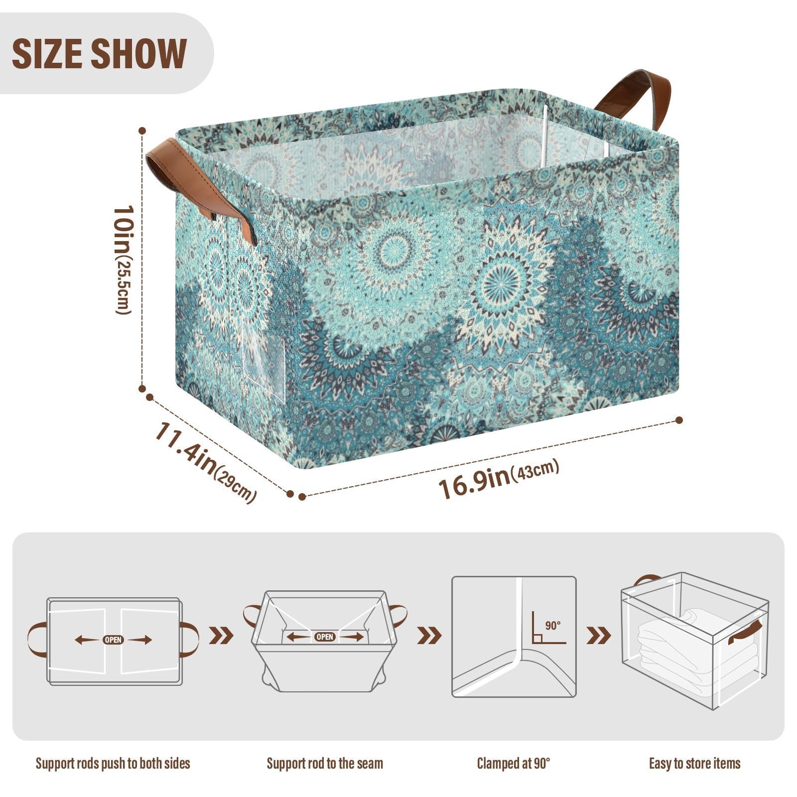 Tribal Mandala Turquoise Teal Islam Arabic Indian Ottoman Motifs 1PC Rectangle Foldable Frame Basket Leather Handles Storage Bin for Laundry Bathroom Organizer M 16.9 x 11.4 x 10 inch