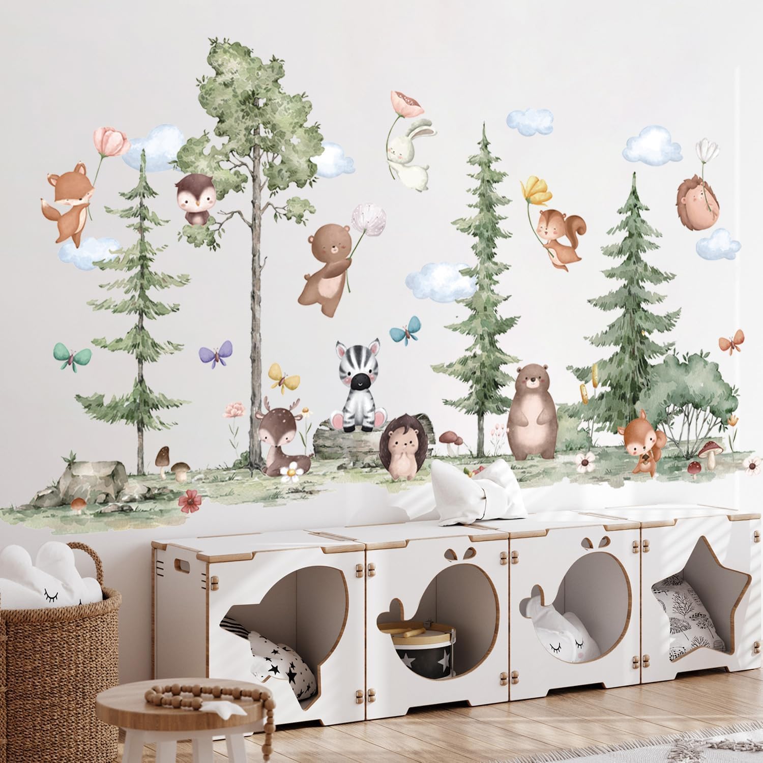 ANHUIB Large Pine Tree Wall Stickers Forest Animal Bear Fox Peel and Stick Wall Art Decals Woodland Animals Wall Stickers for Kids Room Baby Bedroom Nursery Animal Wall Decals Boys Girls Room Decor - Image 3