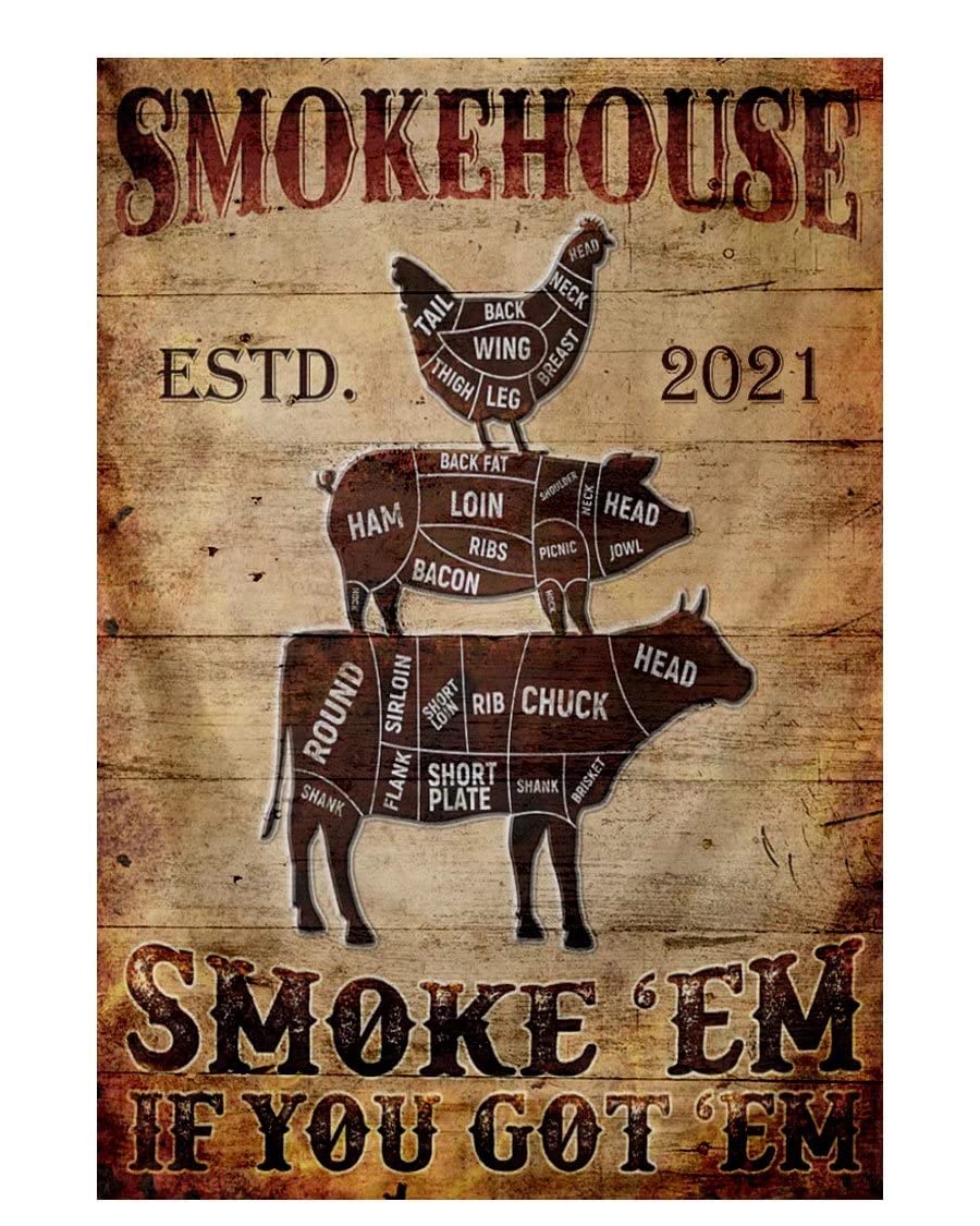 FJQWKLF Barbecue Metal Signs Vintage Smokehouse Wall Decor Chicken Pork Beef Tin Posters For Farm Room Grill Restaurant Plaque Decoration 12x16 Inches