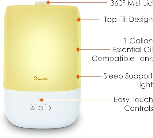 Miniatura 7 de Crane Humidificador 3 en 1 ultra silencioso, difusor de aroma de aceite esencial y luz relajante para dormir, capacidad compacta de 1 galón con luz