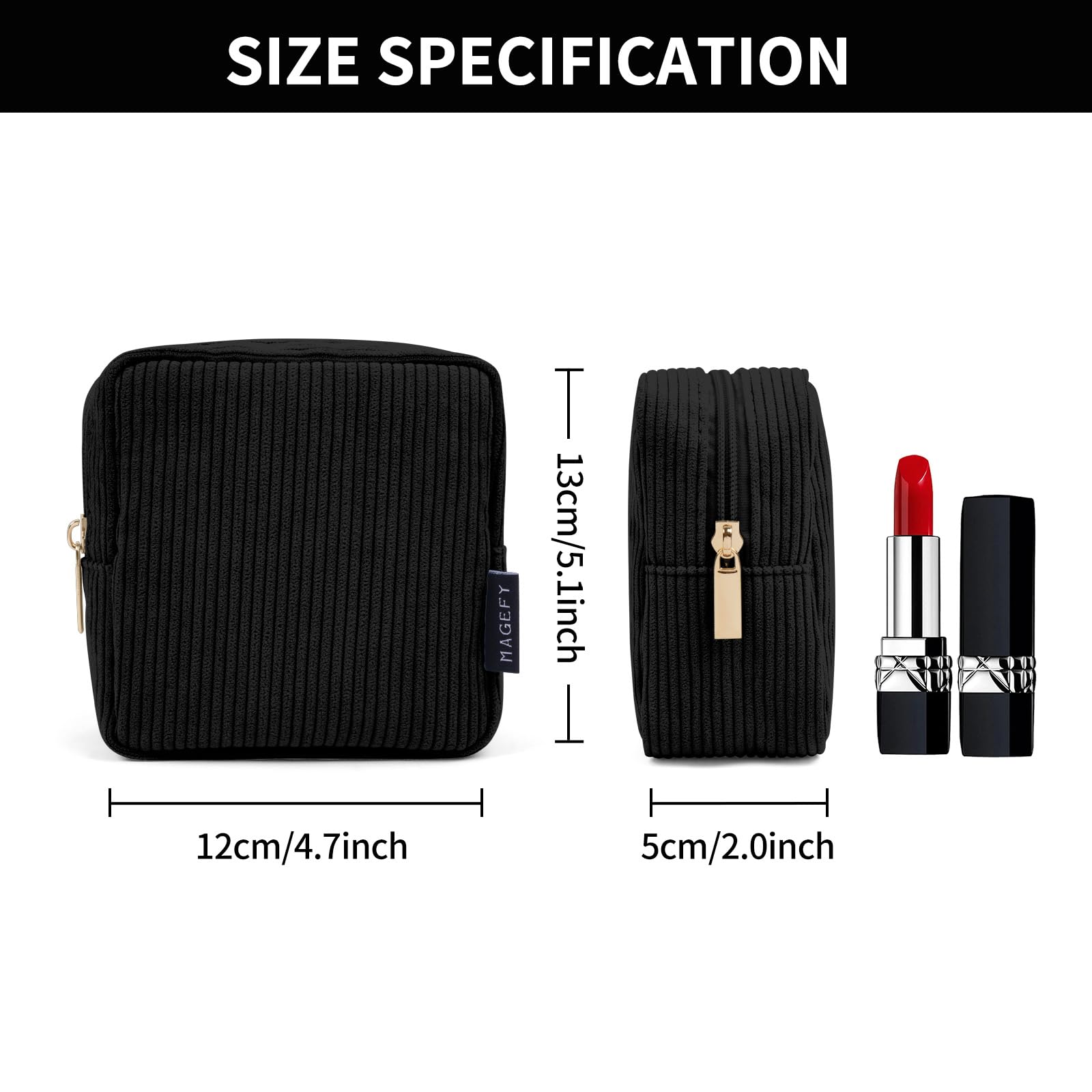 MAGEFY Small Makeup Bag for Handbag Mini Cosmetics Bag Corduroy Makeup Pouch for Women with Compartments (Black) - Image 2