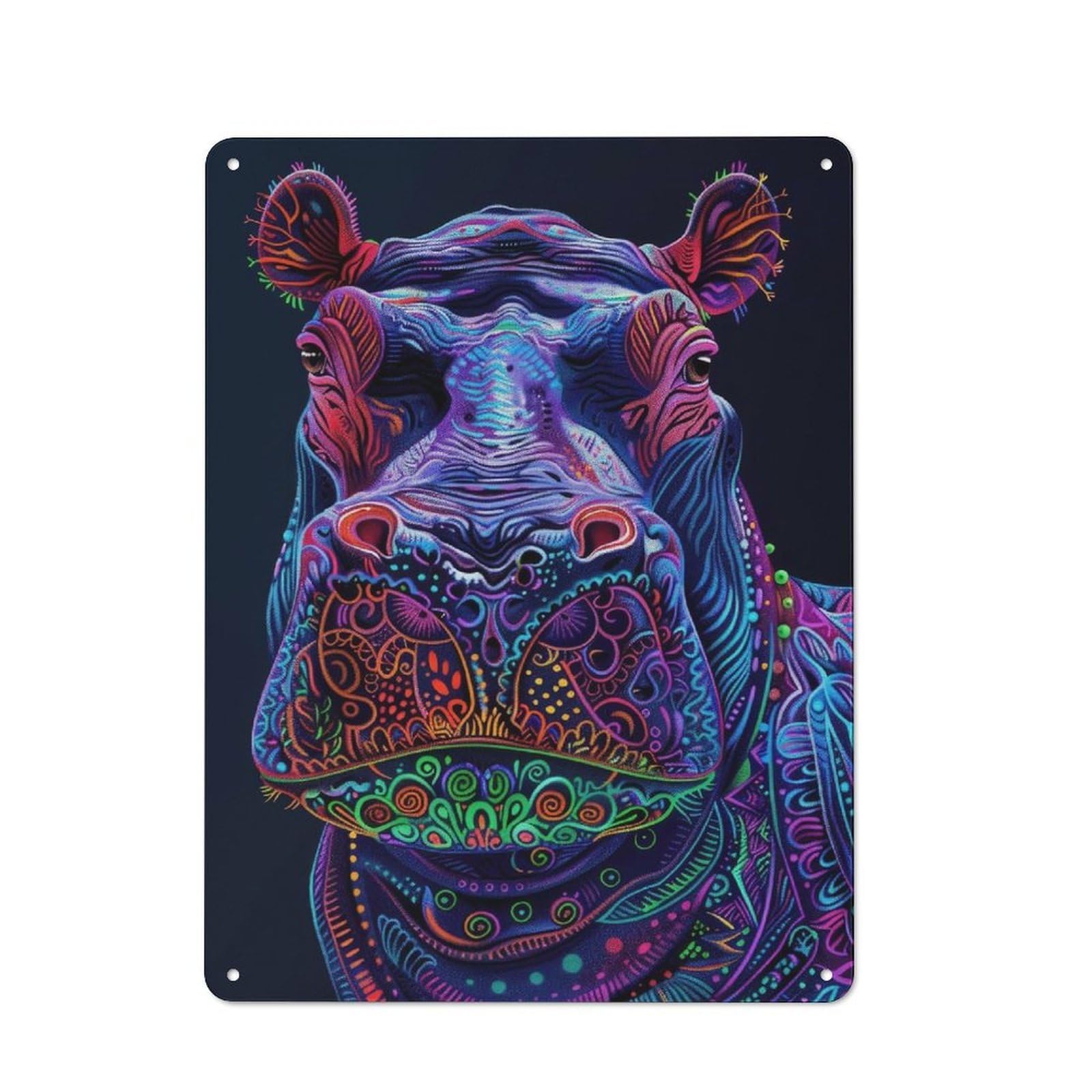 Junmoney Style-4 Tin Wall Plaque 40X30cm With Neon Hippopotamus Portrait For Guest Room Or Hallway, For Garage, Workshop And Man Cave Decoration