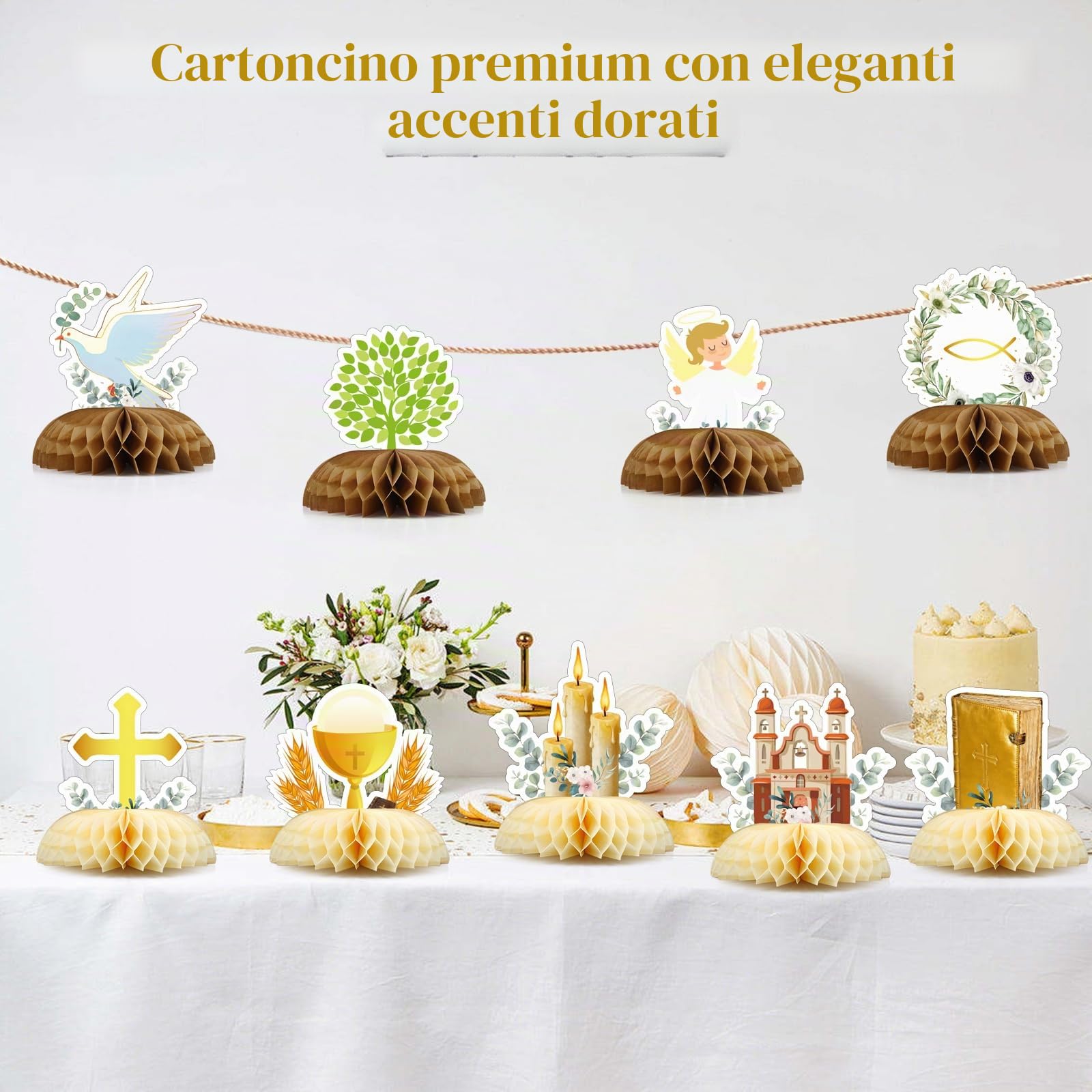 Lot 9 Centrotavola Nido d'Ape per Battesimo e Comunione - Decorazioni Tavolo con Croce e Colomba - Addobbo Florence per Bomboniere e Segnaposto - Decorazione Religiosa per Cerimonie