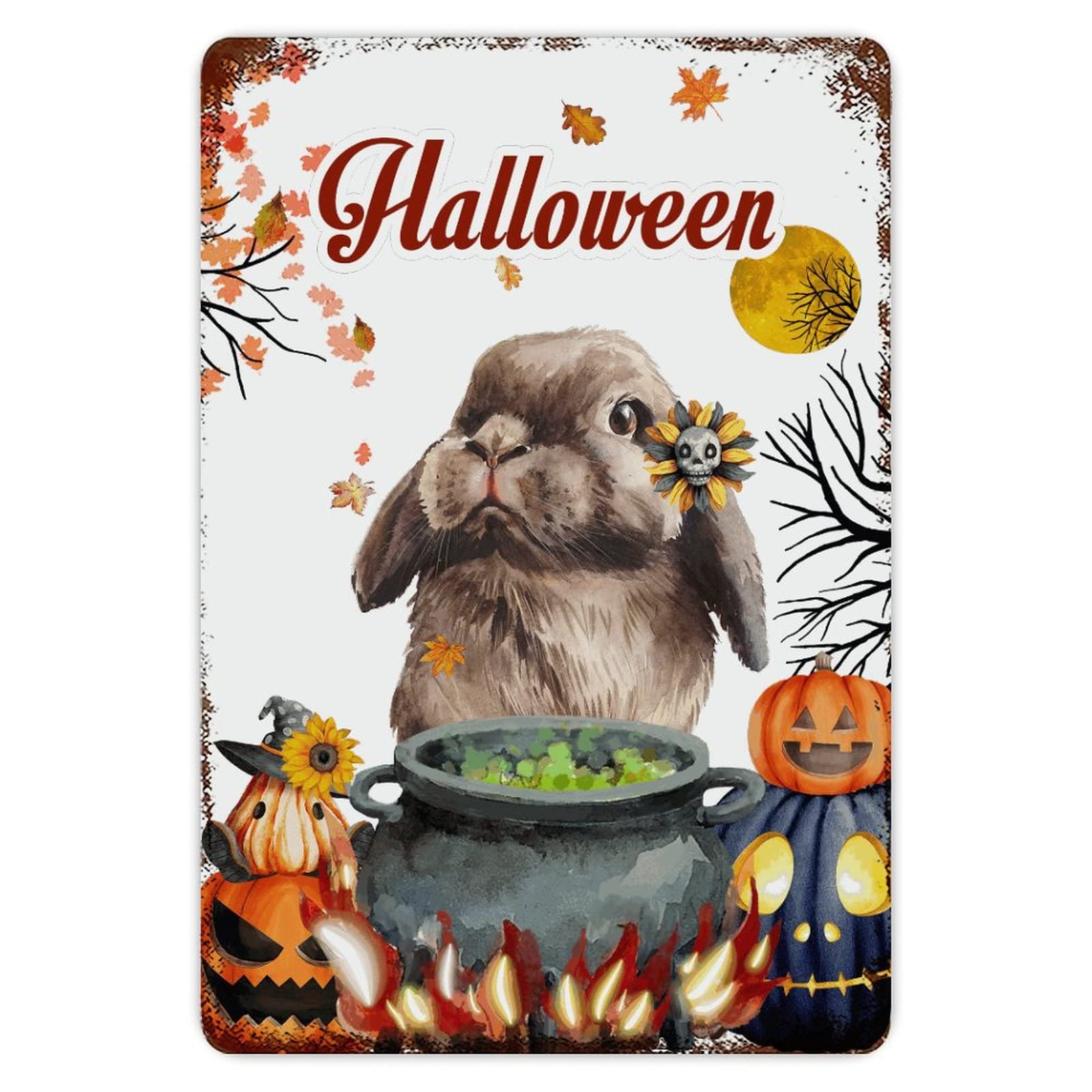 ENEDNATE Farmhouse Man Cave Metal Sign Trick Or Treat Halloween Pumpkin Rabbit Retro Aluminum Tin Metal Signs for Indoor & Outdoor Yard Office Kitchen Living Room Door Home Décor 8x12 Inch